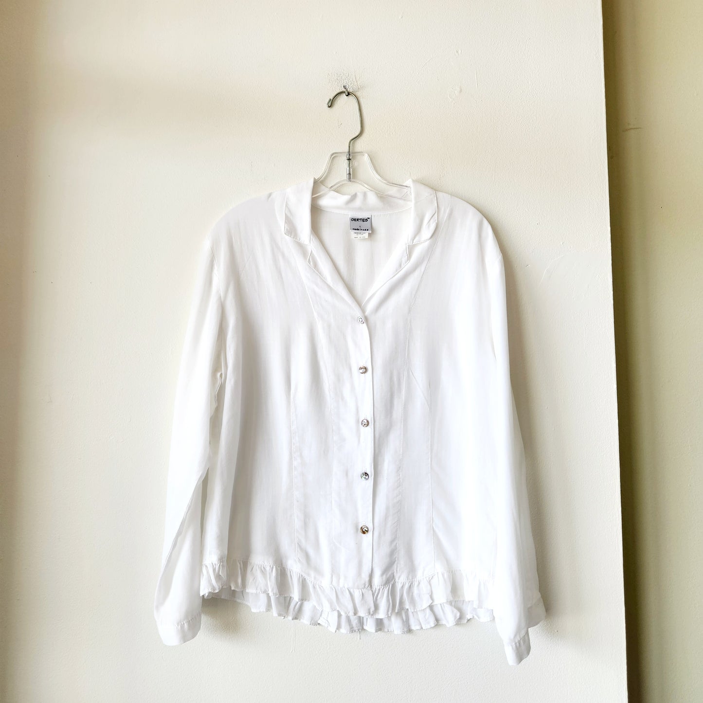 Gerties White Button Up Shirt with Ruffle Hem Detail - L