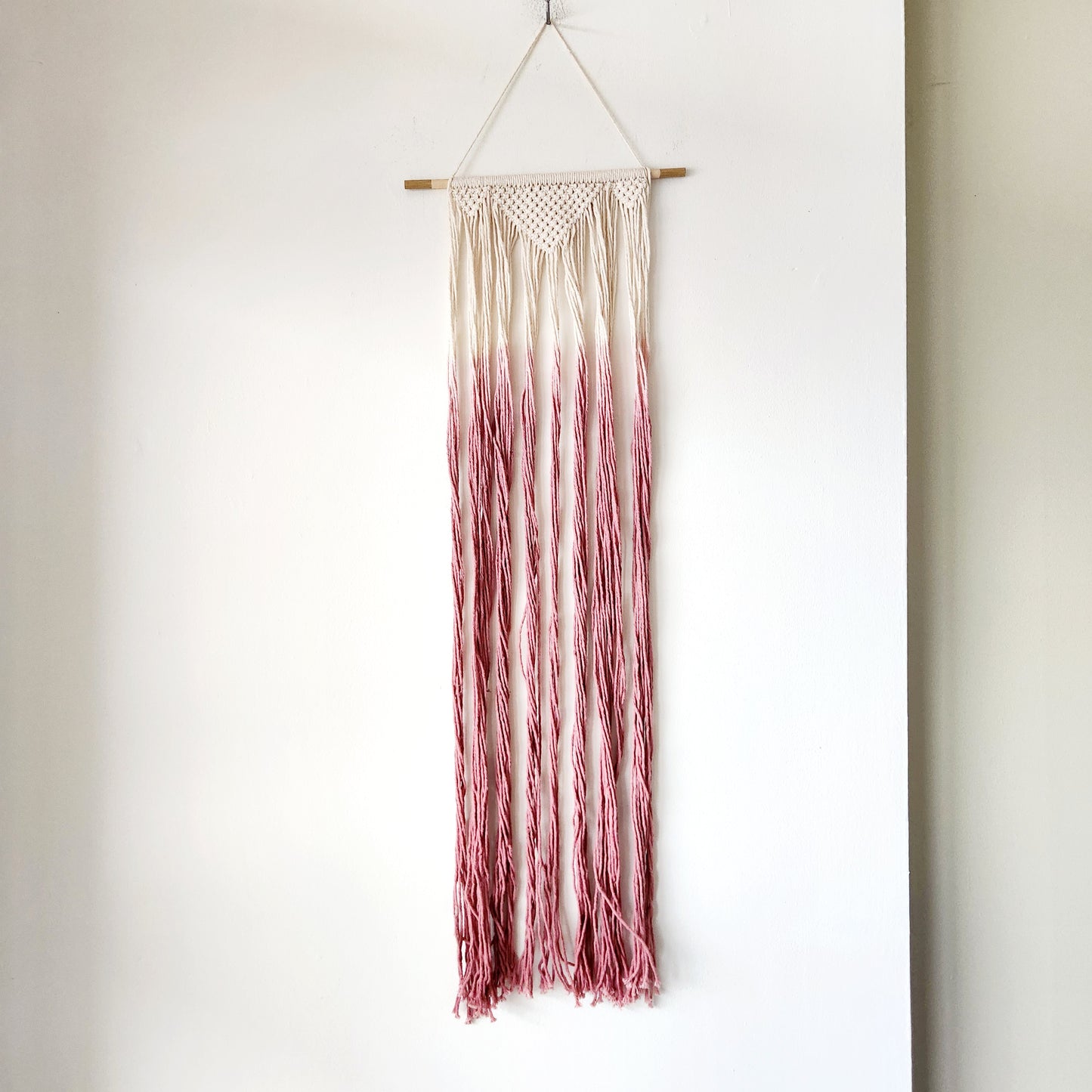 Handmade Macramé Pink and White Ombre Wall Art 12" x 37"