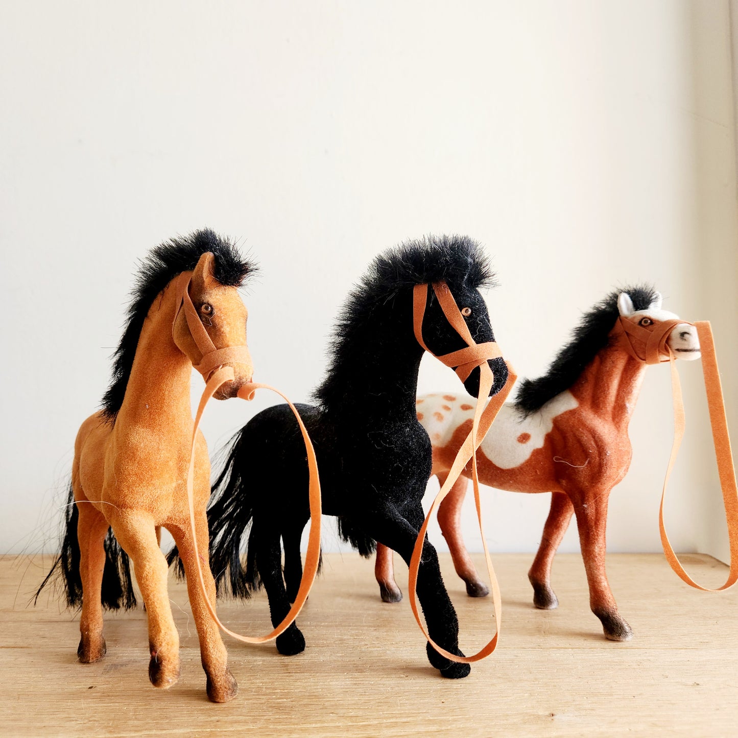 Vintage Plastic Velvet Flocked Horse Figurines 7.5"H Set of 3