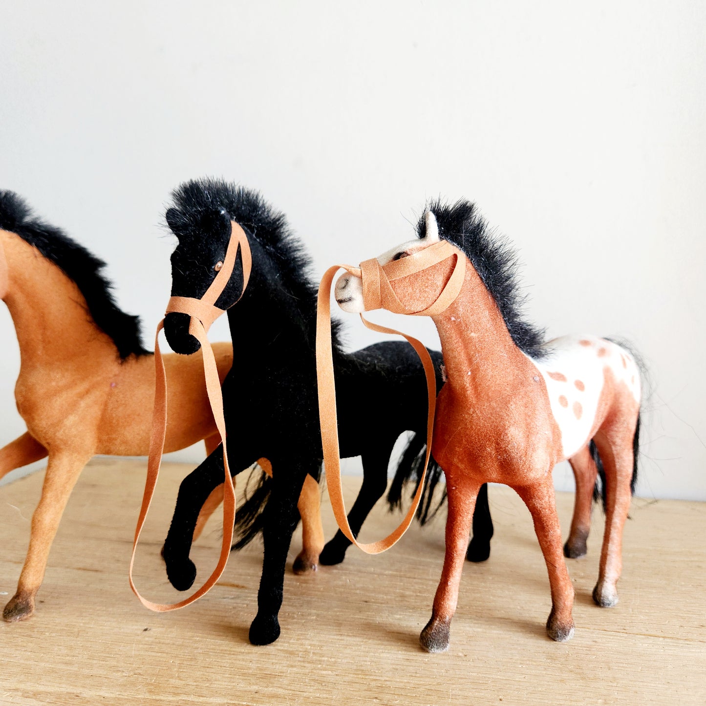 Vintage Plastic Velvet Flocked Horse Figurines 7.5"H Set of 3