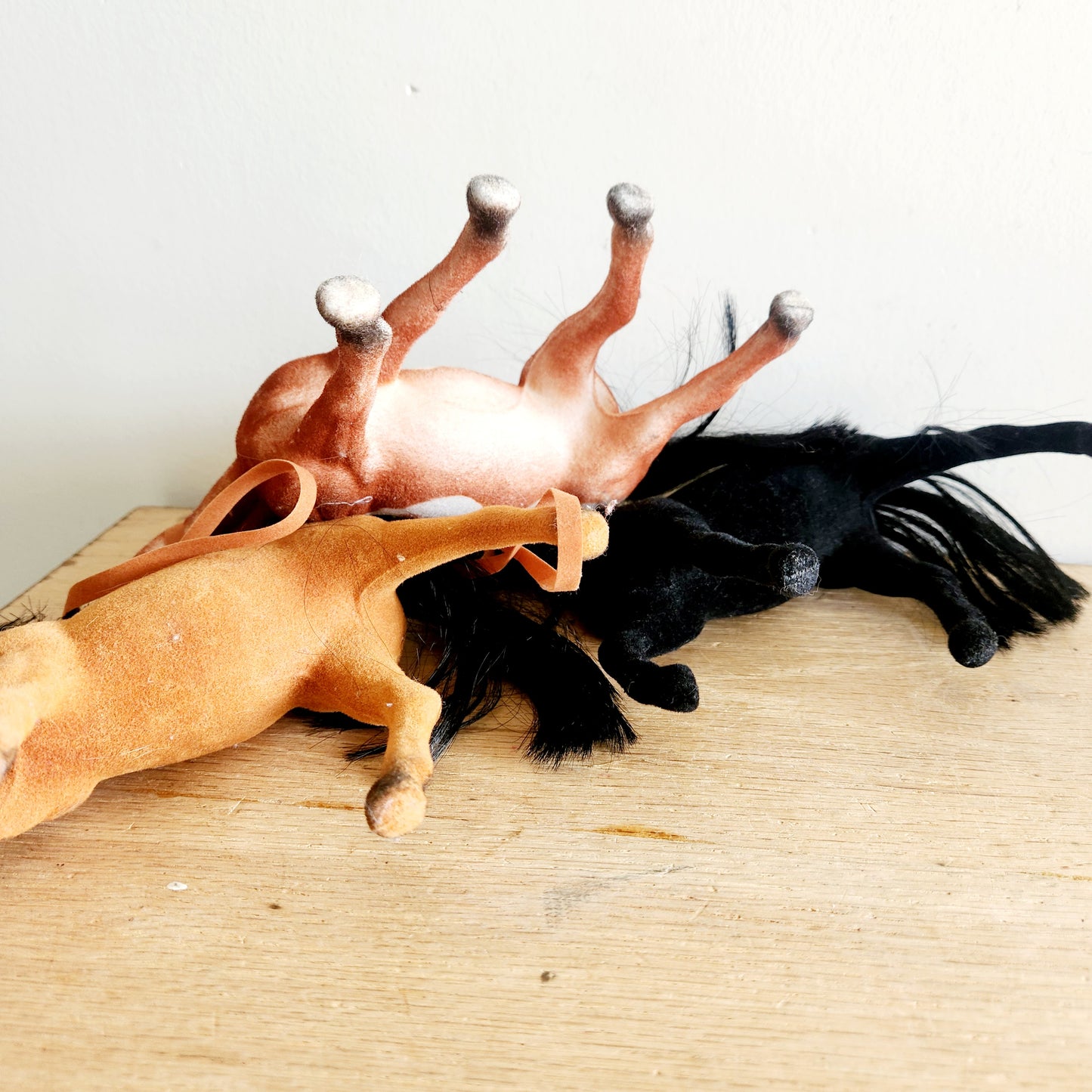 Vintage Plastic Velvet Flocked Horse Figurines 7.5"H Set of 3