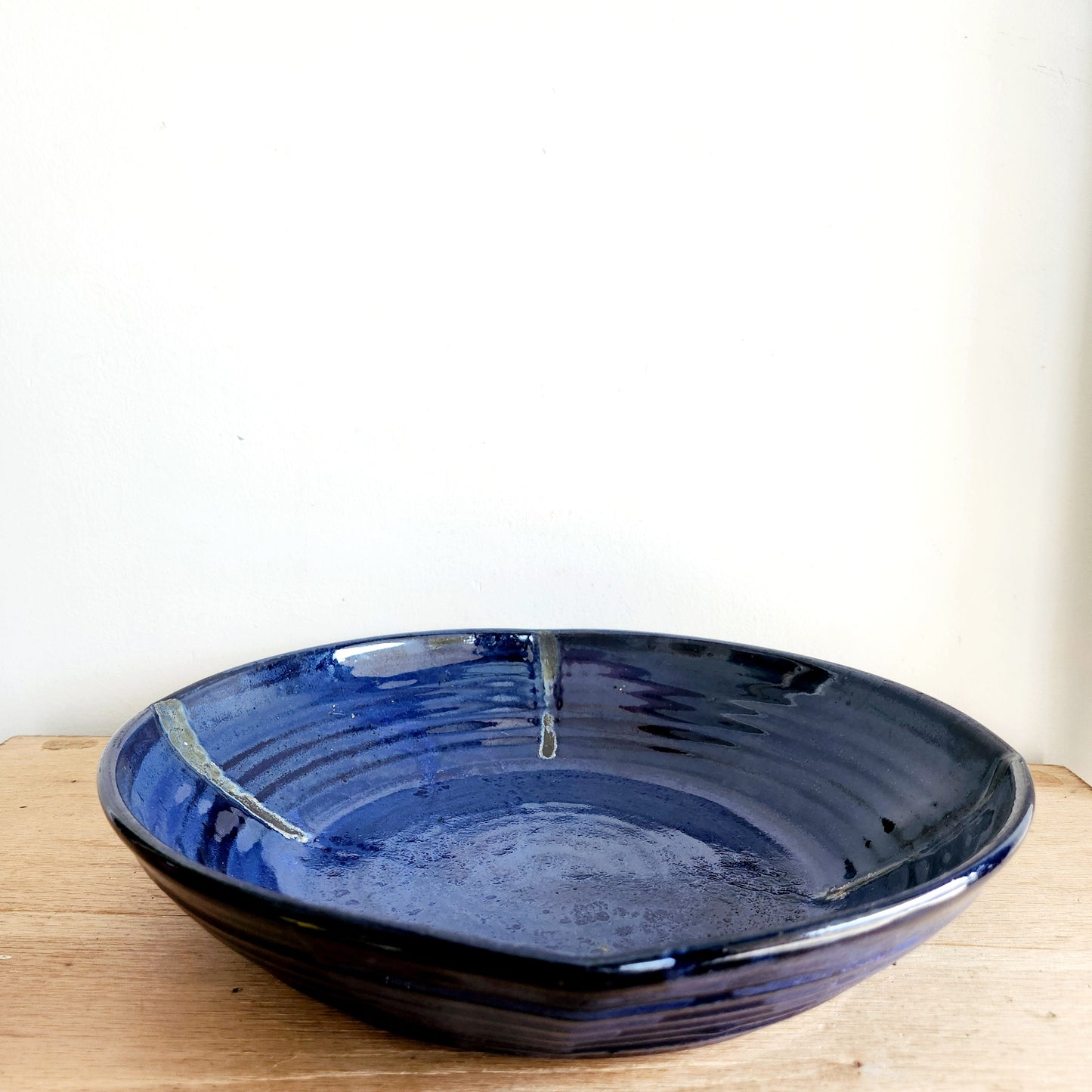 Handmade Pottery Blue Glazed Wide Shallow Bowl 3"H 14"W Stamped