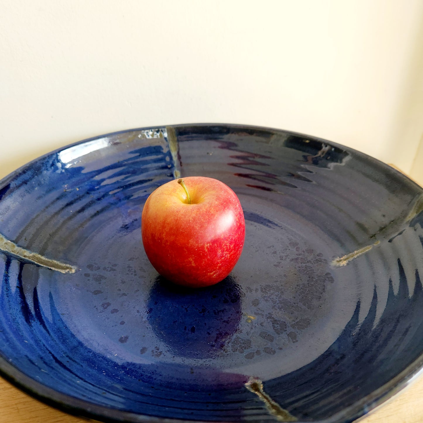 Handmade Pottery Blue Glazed Wide Shallow Bowl 3"H 14"W Stamped