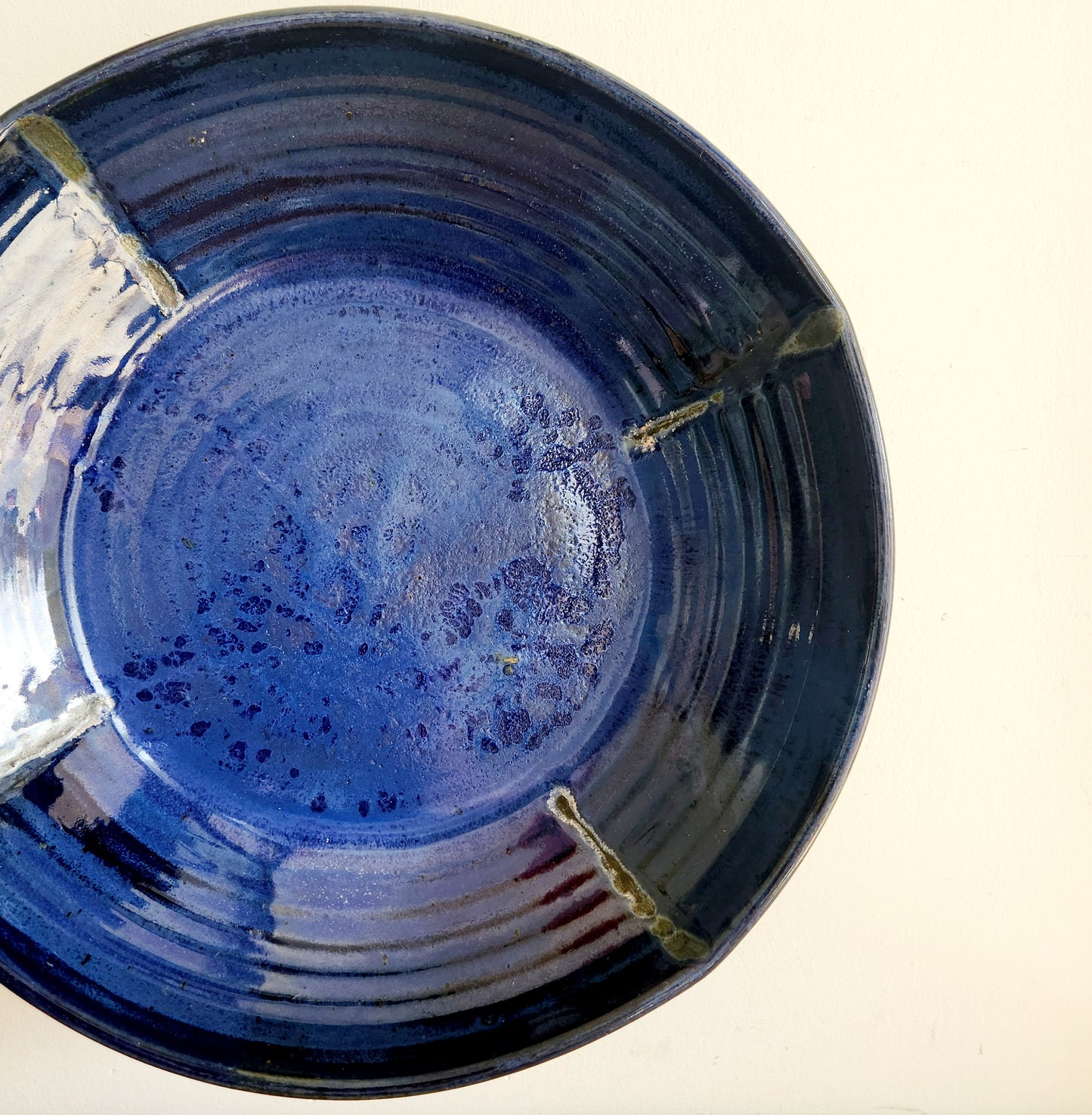 Handmade Pottery Blue Glazed Wide Shallow Bowl 3"H 14"W Stamped