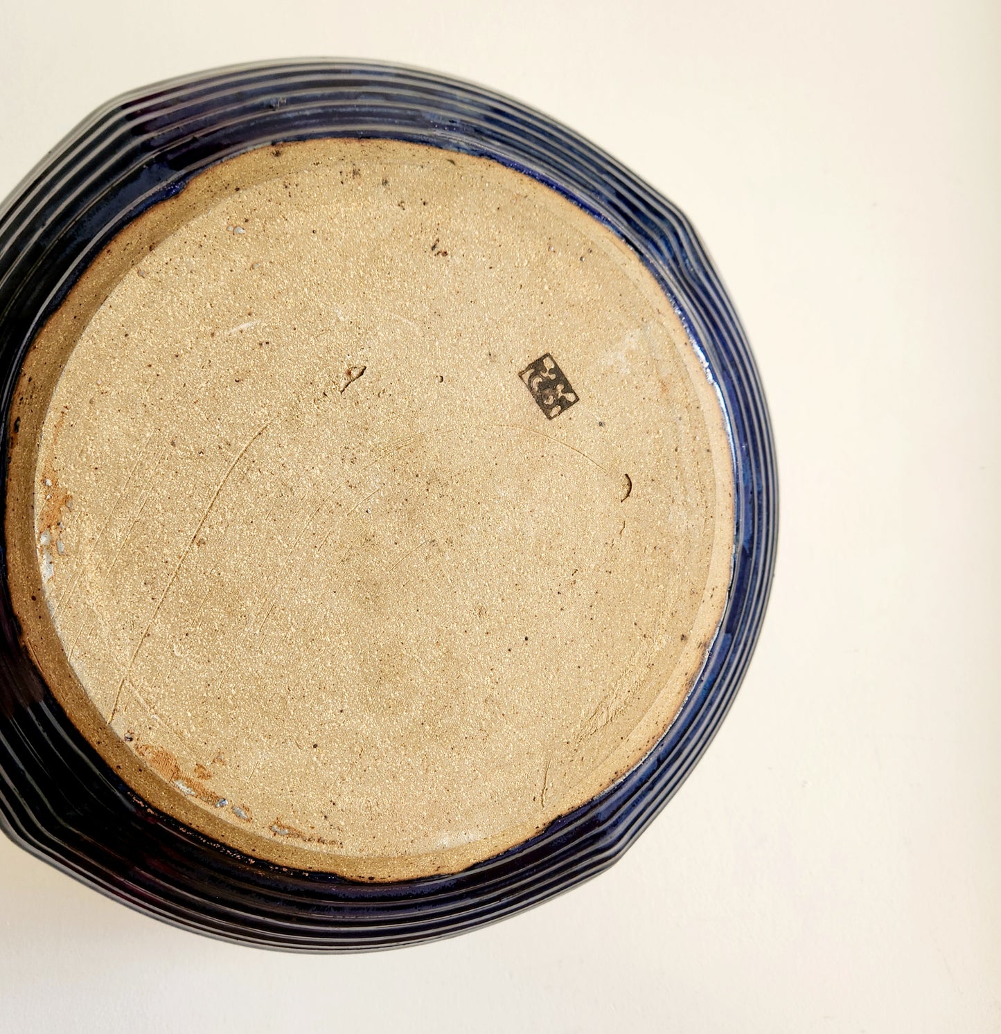 Handmade Pottery Blue Glazed Wide Shallow Bowl 3"H 14"W Stamped