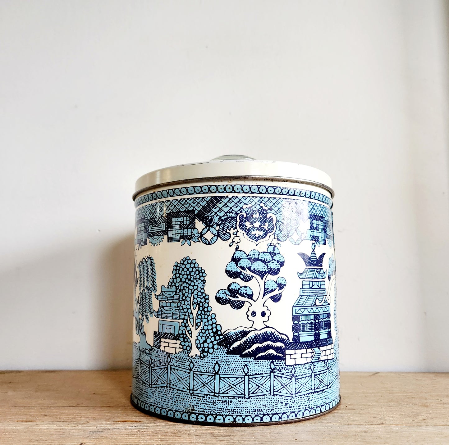 Vintage Krispy Kan Blue Magic Tin Large Blue and White Canister 8"H 8"W