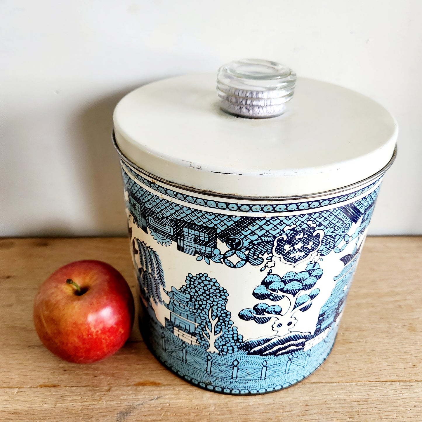 Vintage Krispy Kan Blue Magic Tin Large Blue and White Canister 8"H 8"W