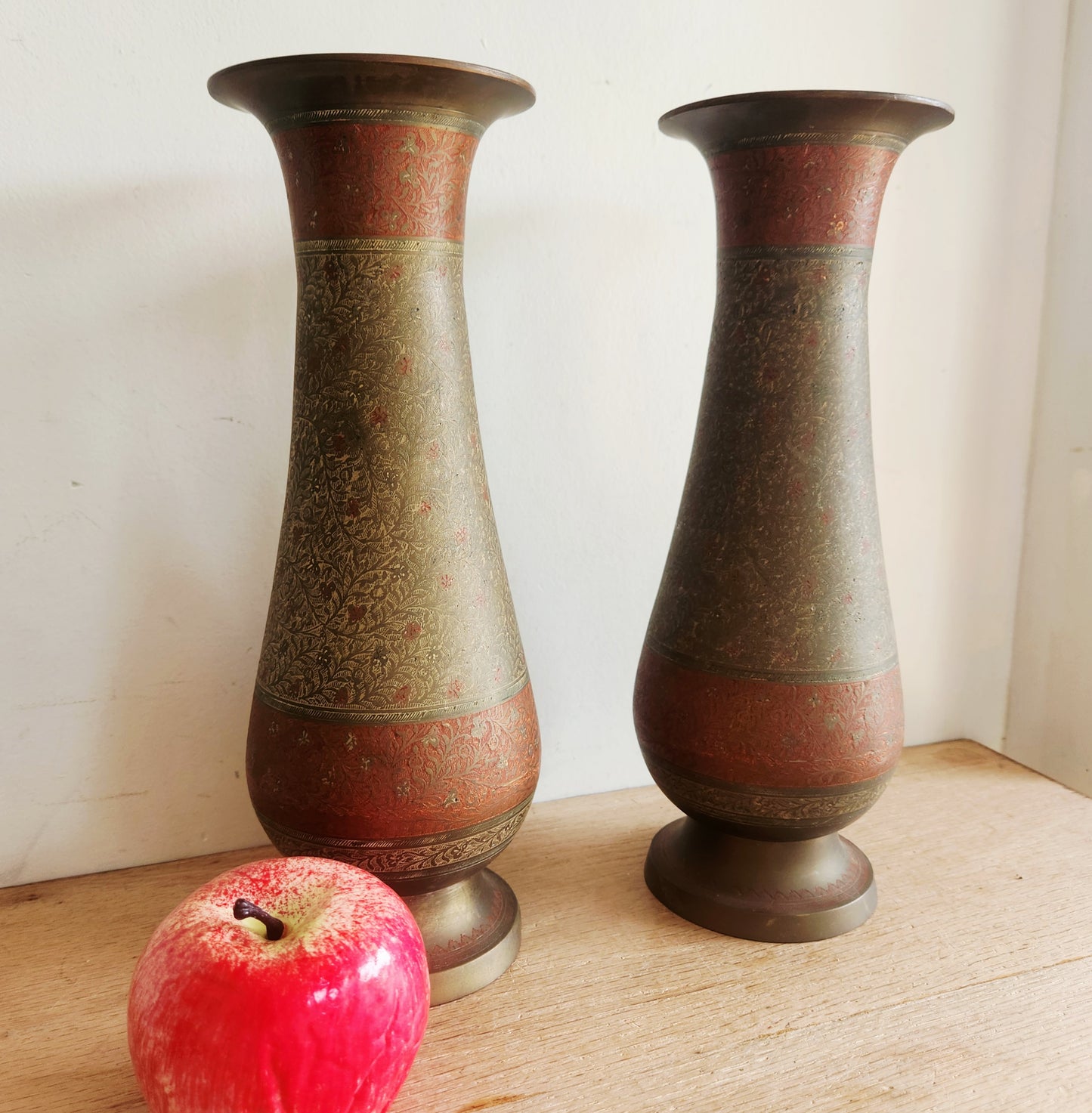 Vintage Heavy Brass Vases Etched 12"Set of 2