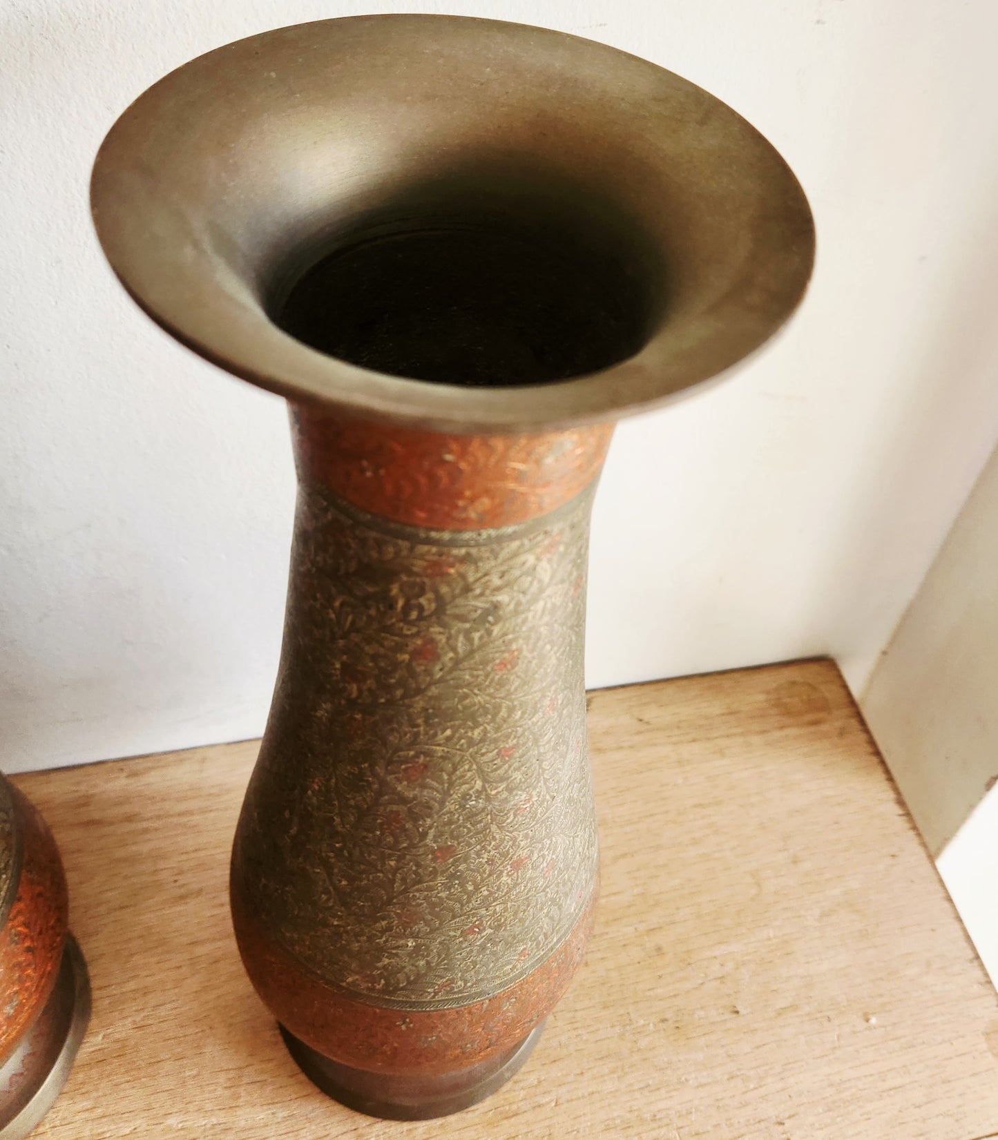 Vintage Heavy Brass Vases Etched 12"Set of 2