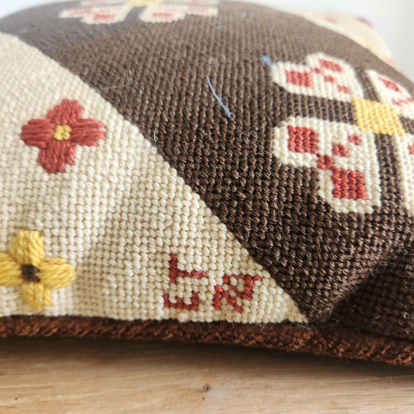 Vintage 1974 Signed Needlepoint Decorative Pillow 10"