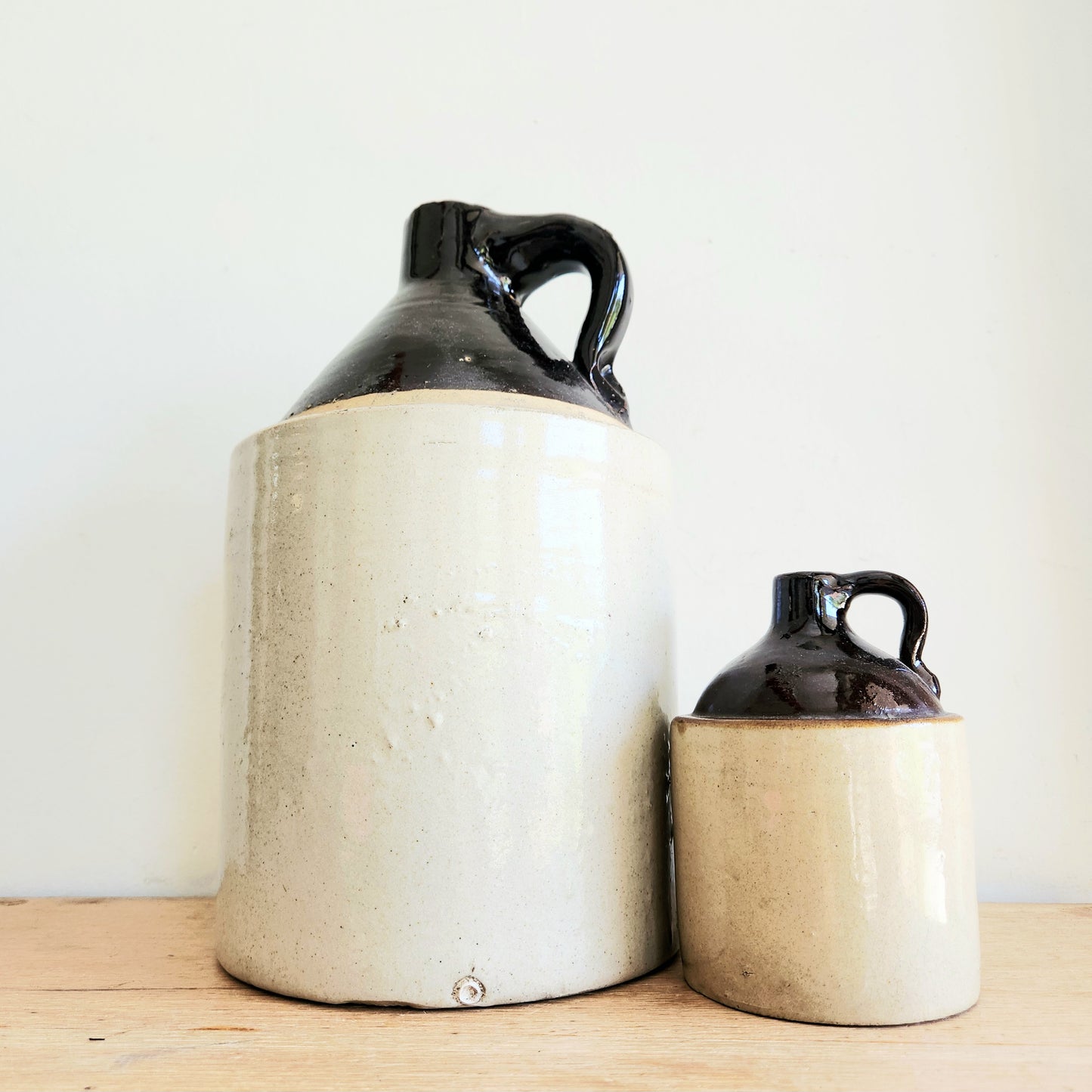 Antique Stoneware Jugs 7" and 14" Set of 2