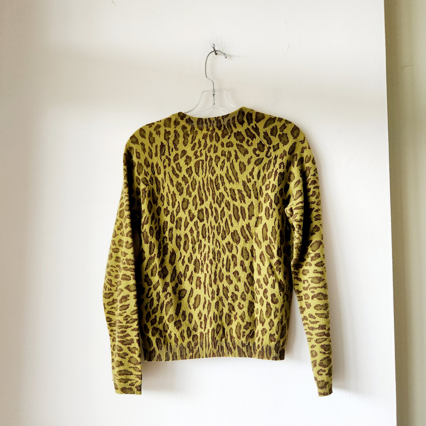 Jones New York Sport Lambswool & Angora Blend Chartreuse Leopard Cardigan - Petite S