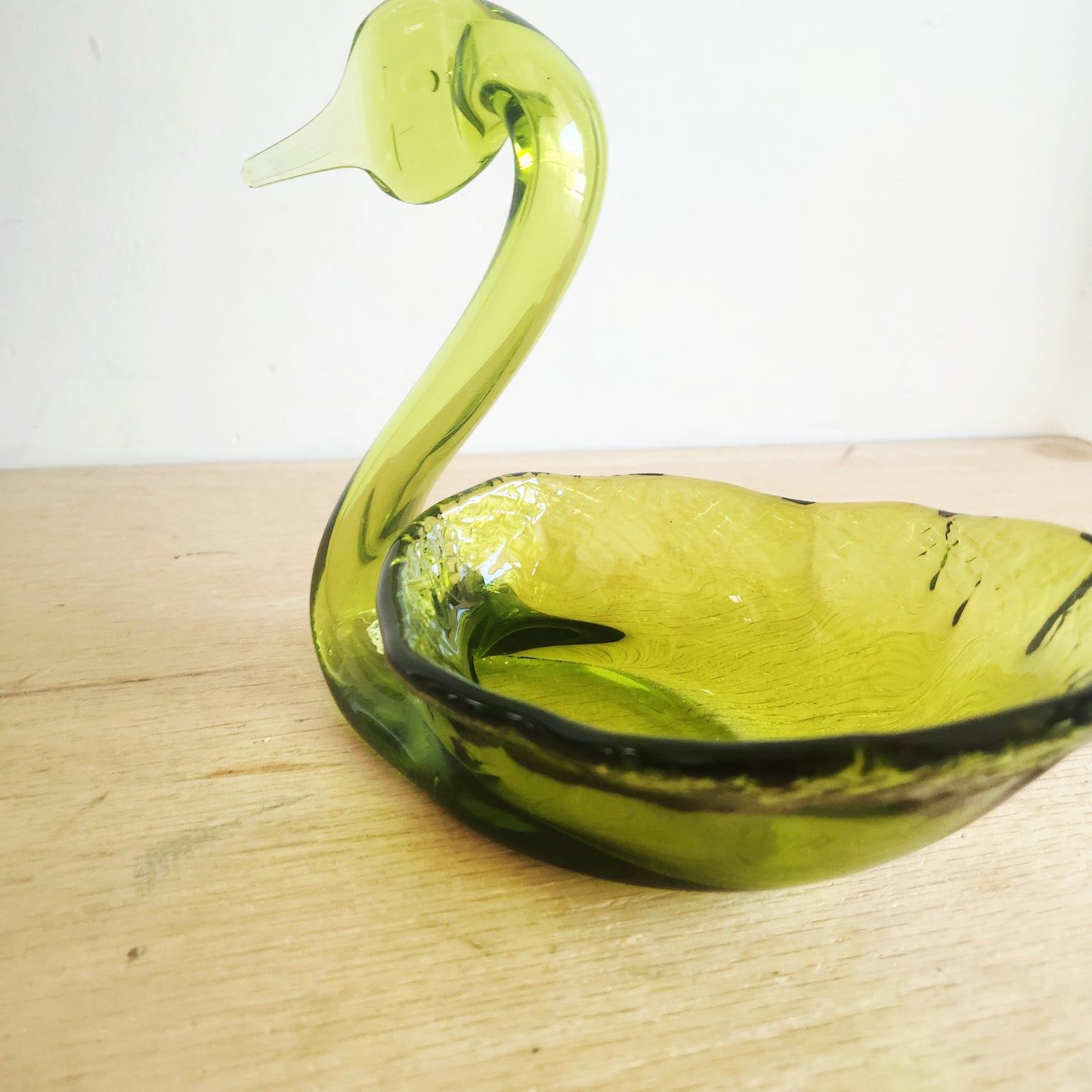 Vintage Avocado Green Viking Glass Swan Trinket Dish