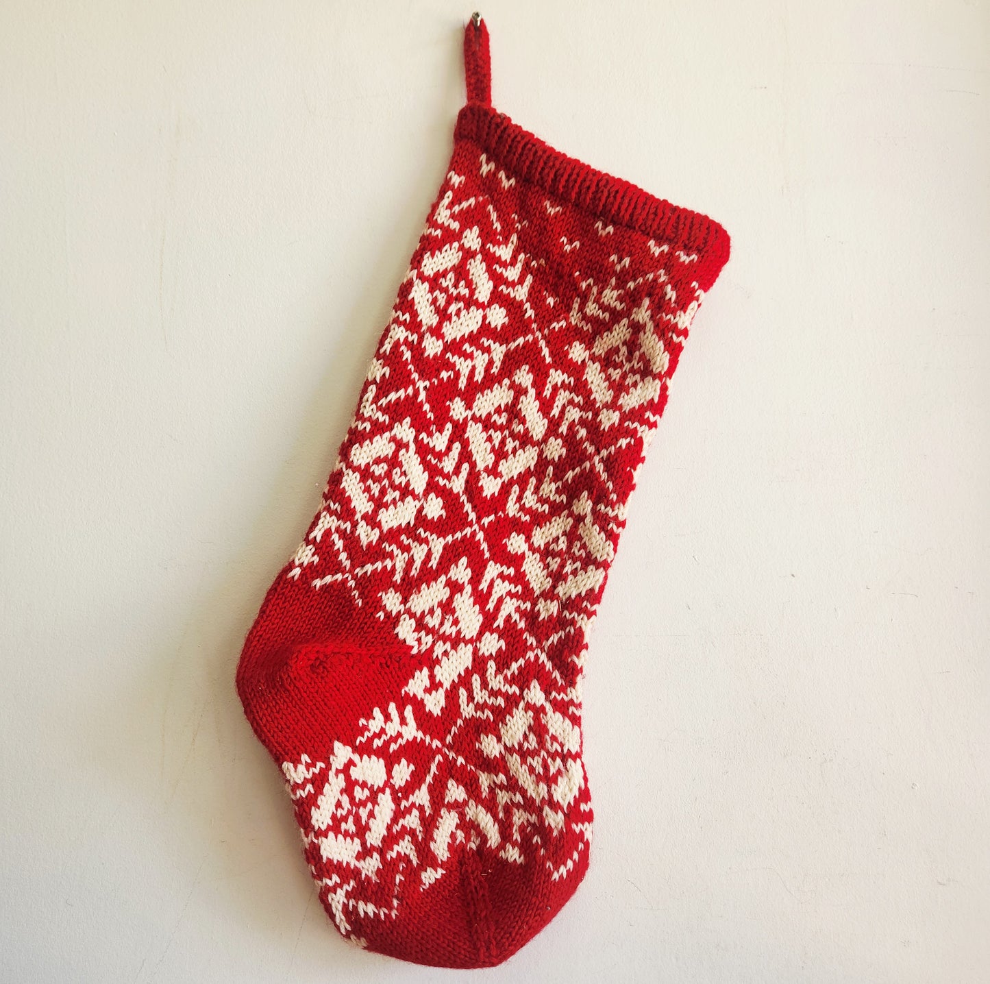 Handknit Red and White Stocking Standard Size