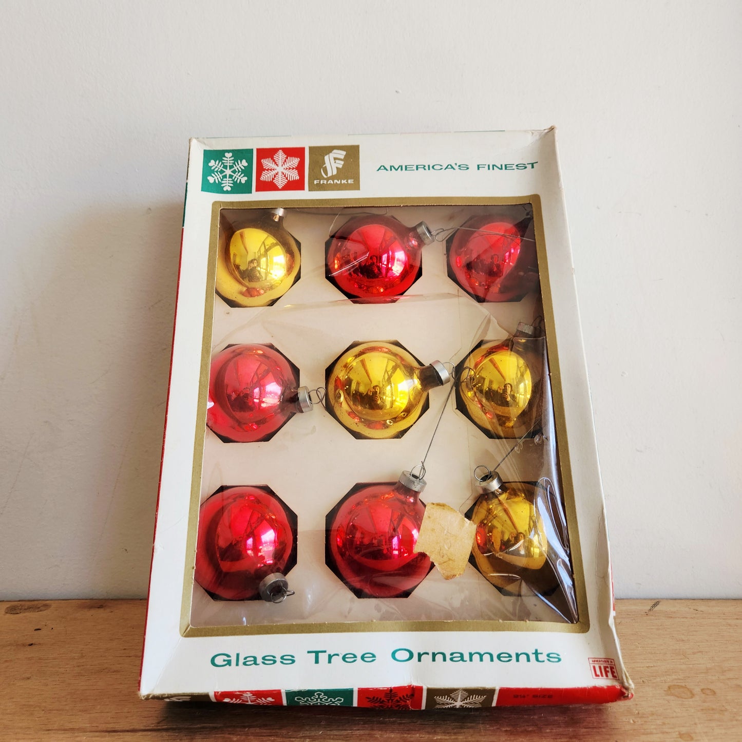 Vintage Americas Finest Red and Gold Glass Ornaments 2" Set of 9