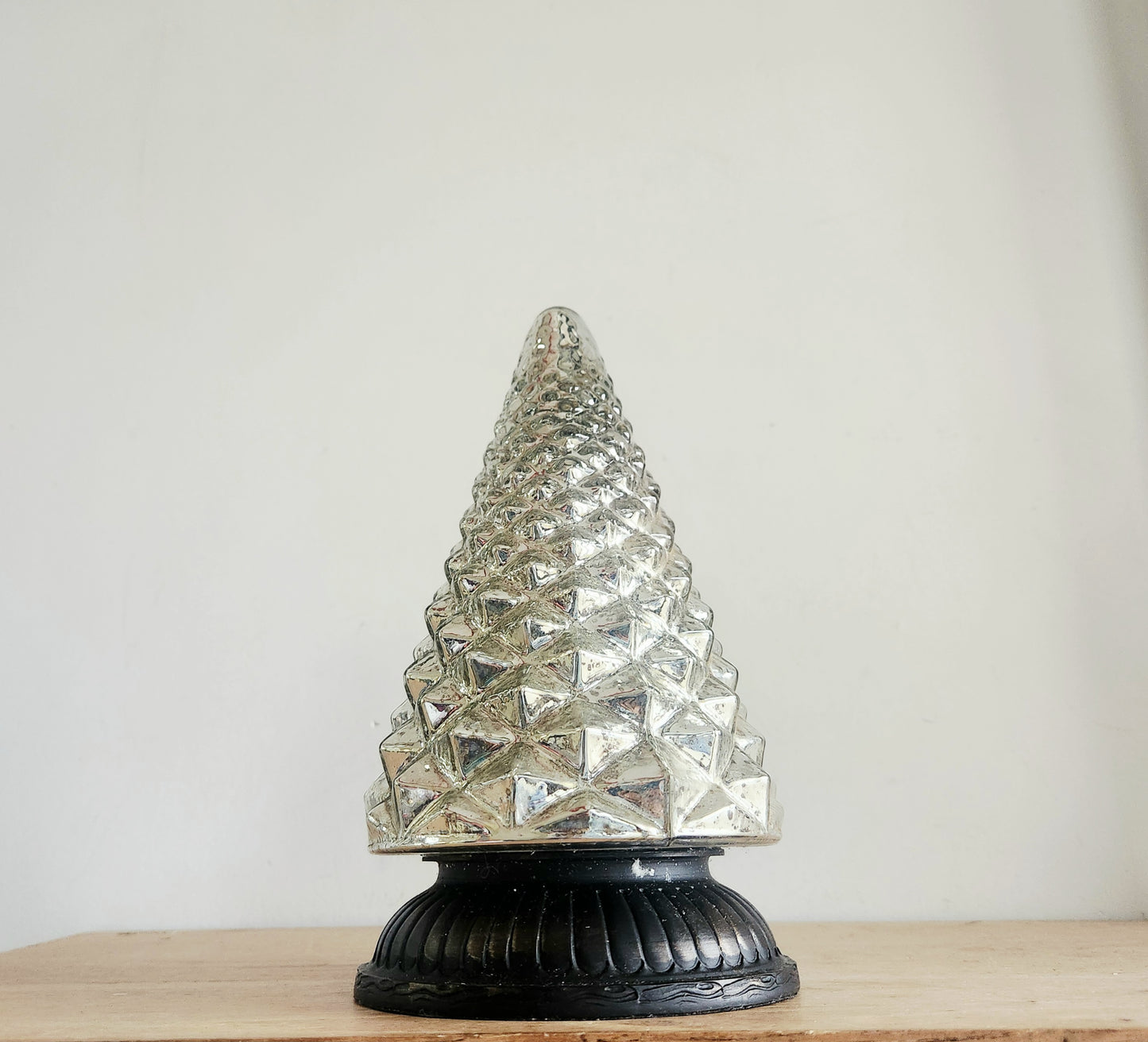 10" Silver Glass Tree on Wooden Pedestal