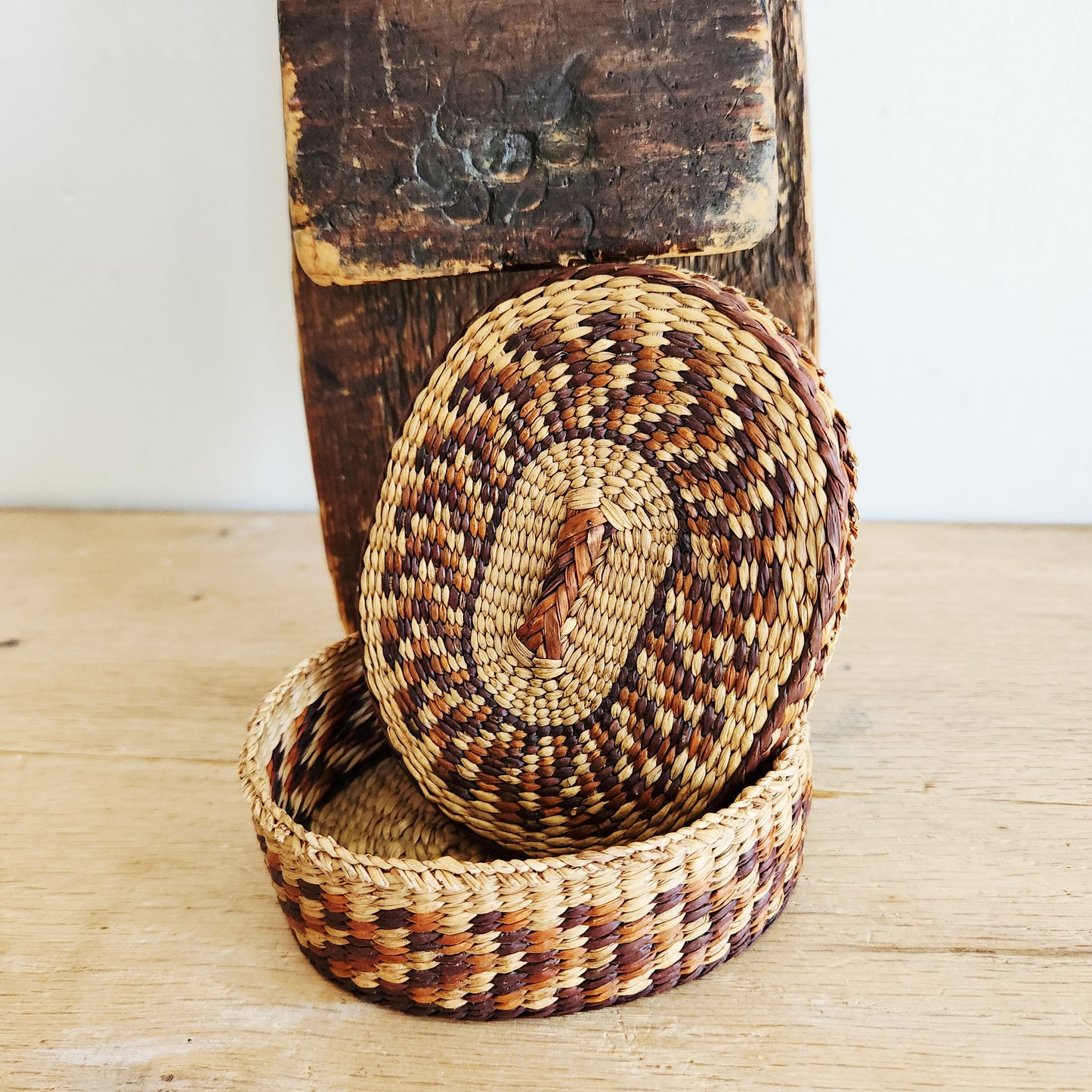 Handcrafted Small Woven Basket Box with Lid - approx 3.5"