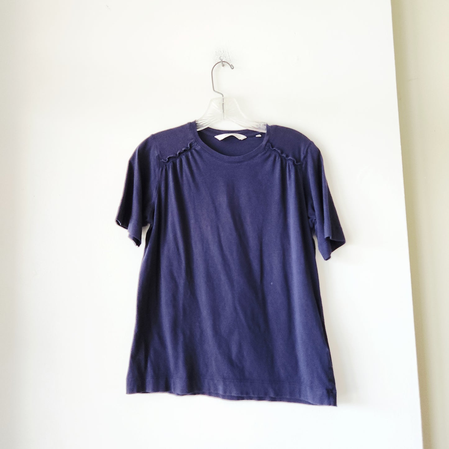Rebecca Taylor 100% Pima Cotton Navy Tee with Subtle Ruffle Detail - S