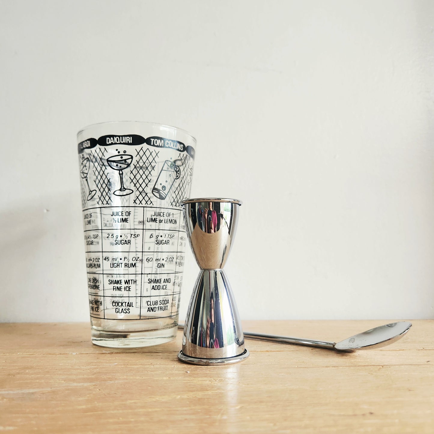 Cocktail Recipe Glass with Mixer Spoon and Jigger