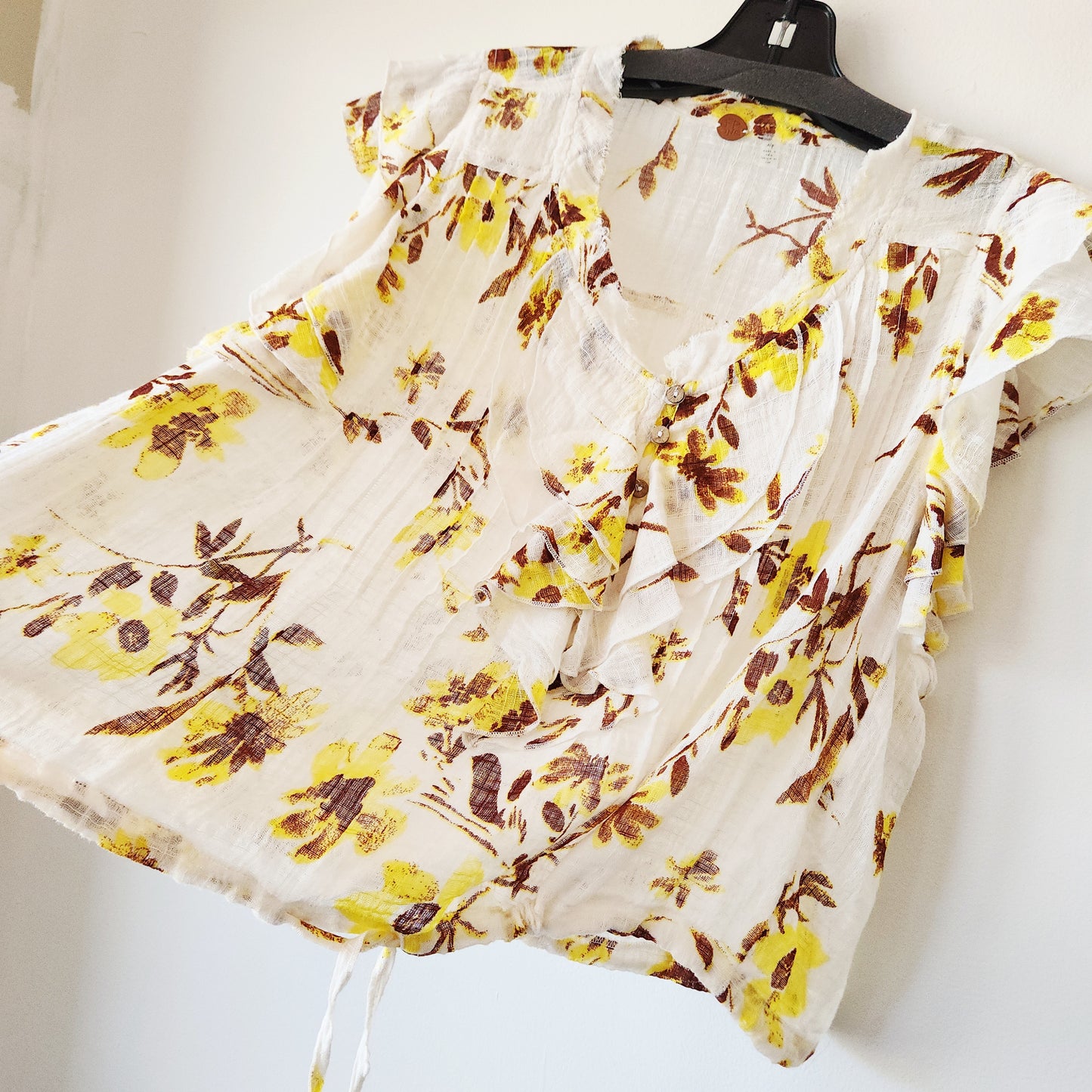 Free People Gauzy Top with Drawstring & Ruffles - S