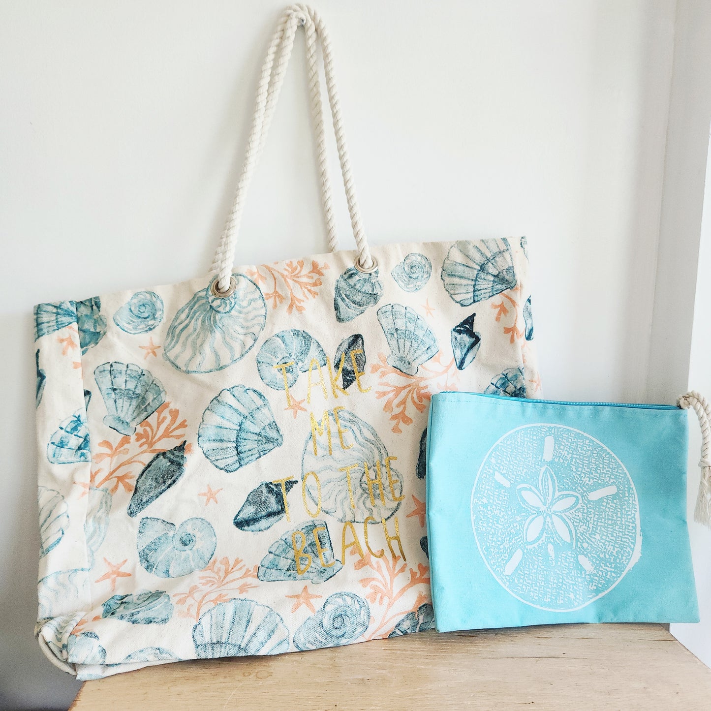 Canvas Beach Tote with Coordinating Pouch - New