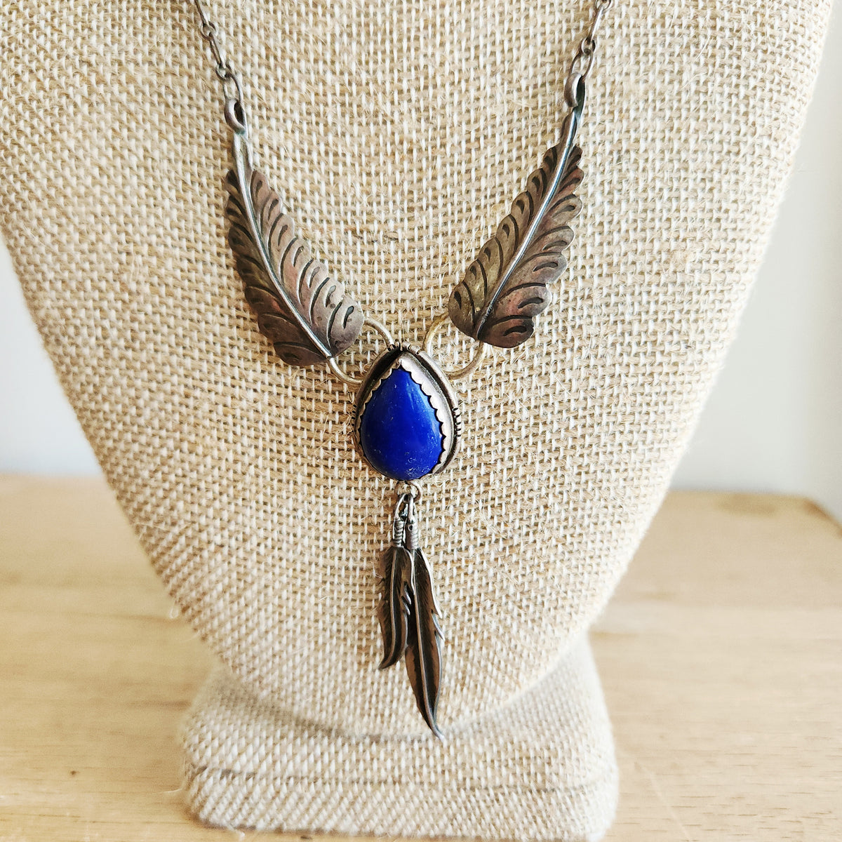 Vintage Sterling Silver Feather & Lapis Lazuli Necklace - signed RB