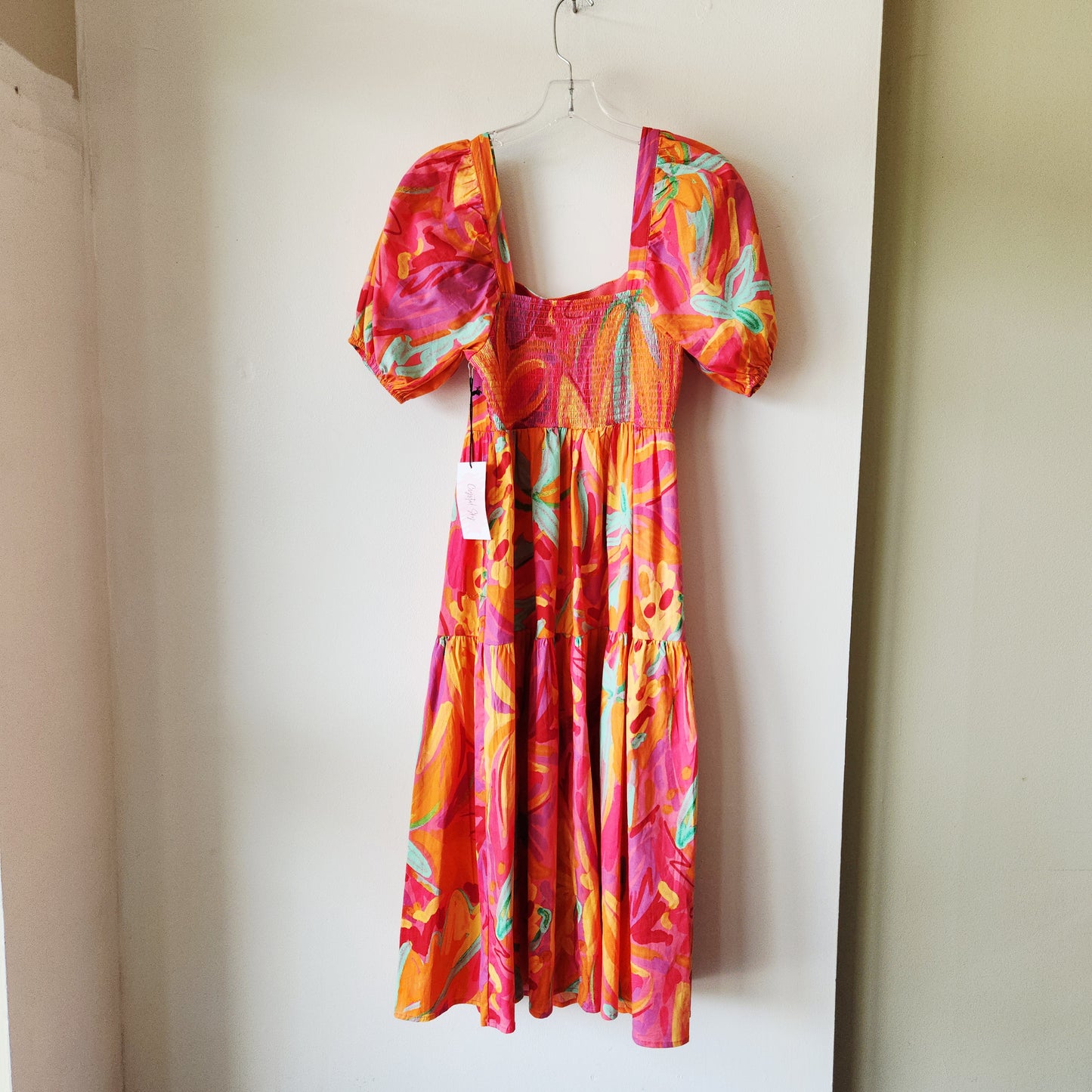 Crystal Sky Tiered Puff Sleeve Dress with Smocked Back - M - New