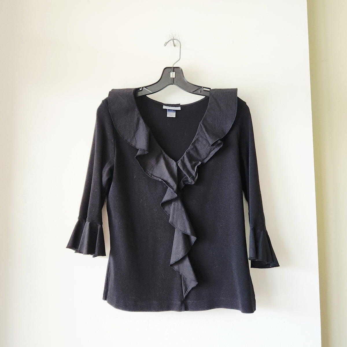 Fibers by Barbara Lesser Black Top with Ruffles - L
