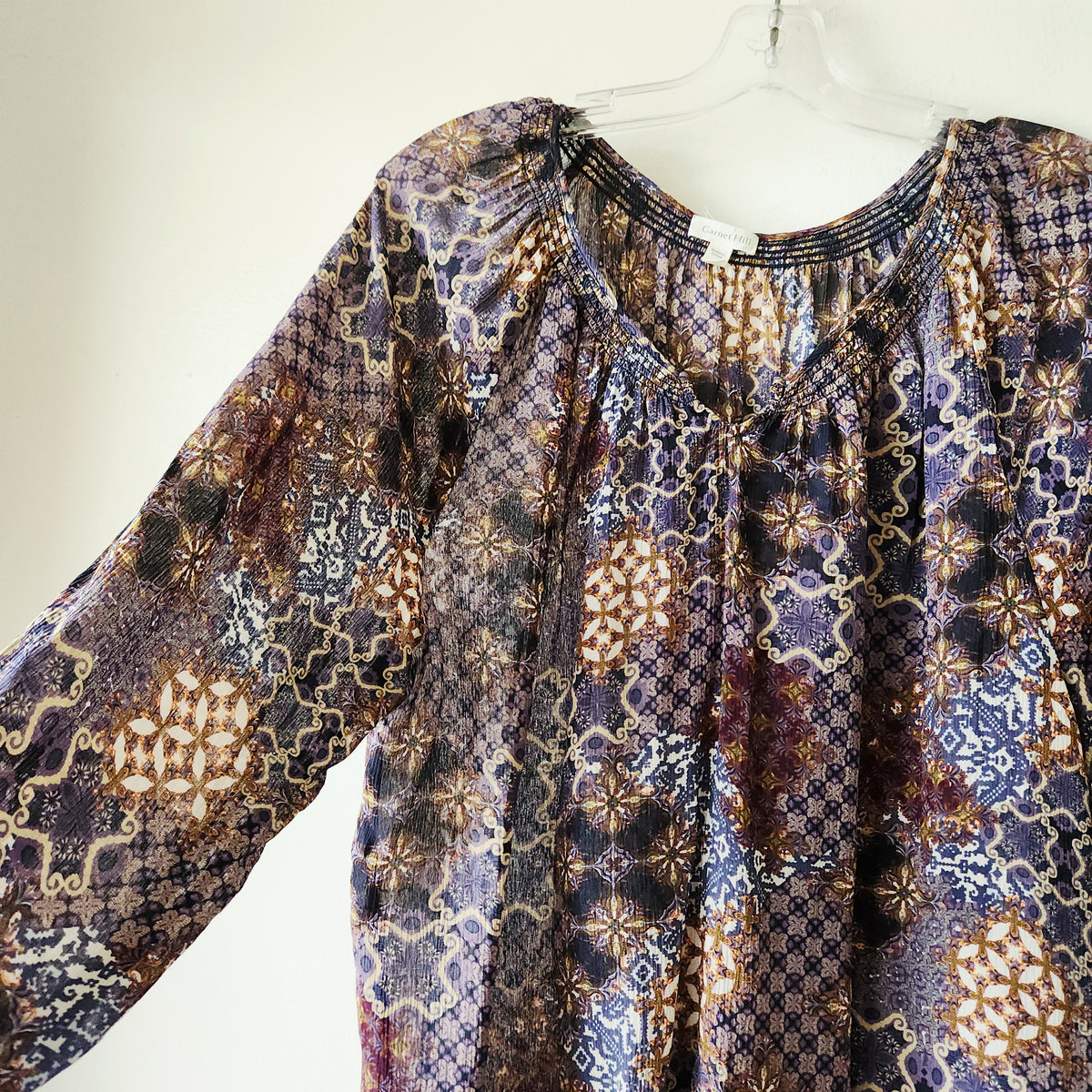 Garnet Hill 100% Silk Top with Smocked Neckline - XL