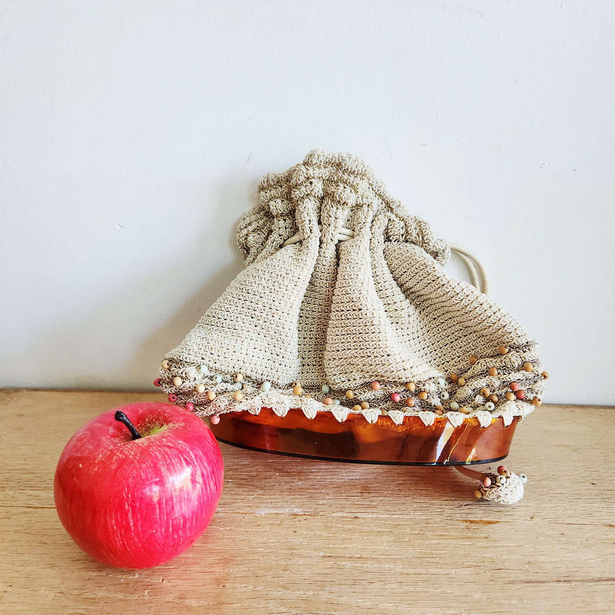 Vintage Crochet Drawstring Purse with Beads