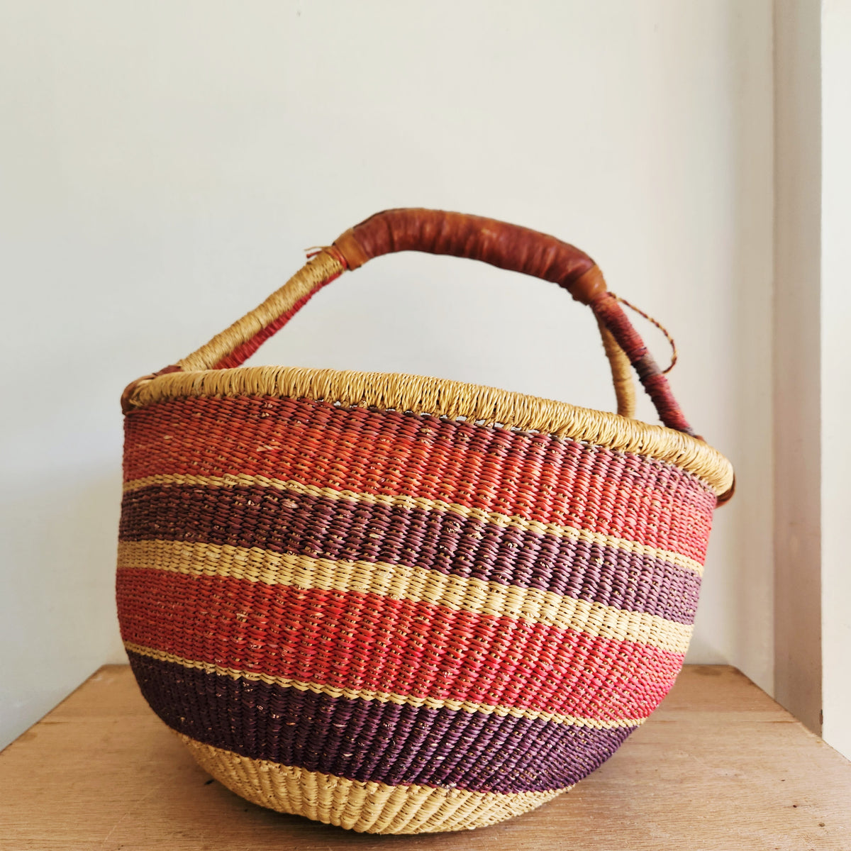 Handwoven Bolga Market Large Size Leather Handle