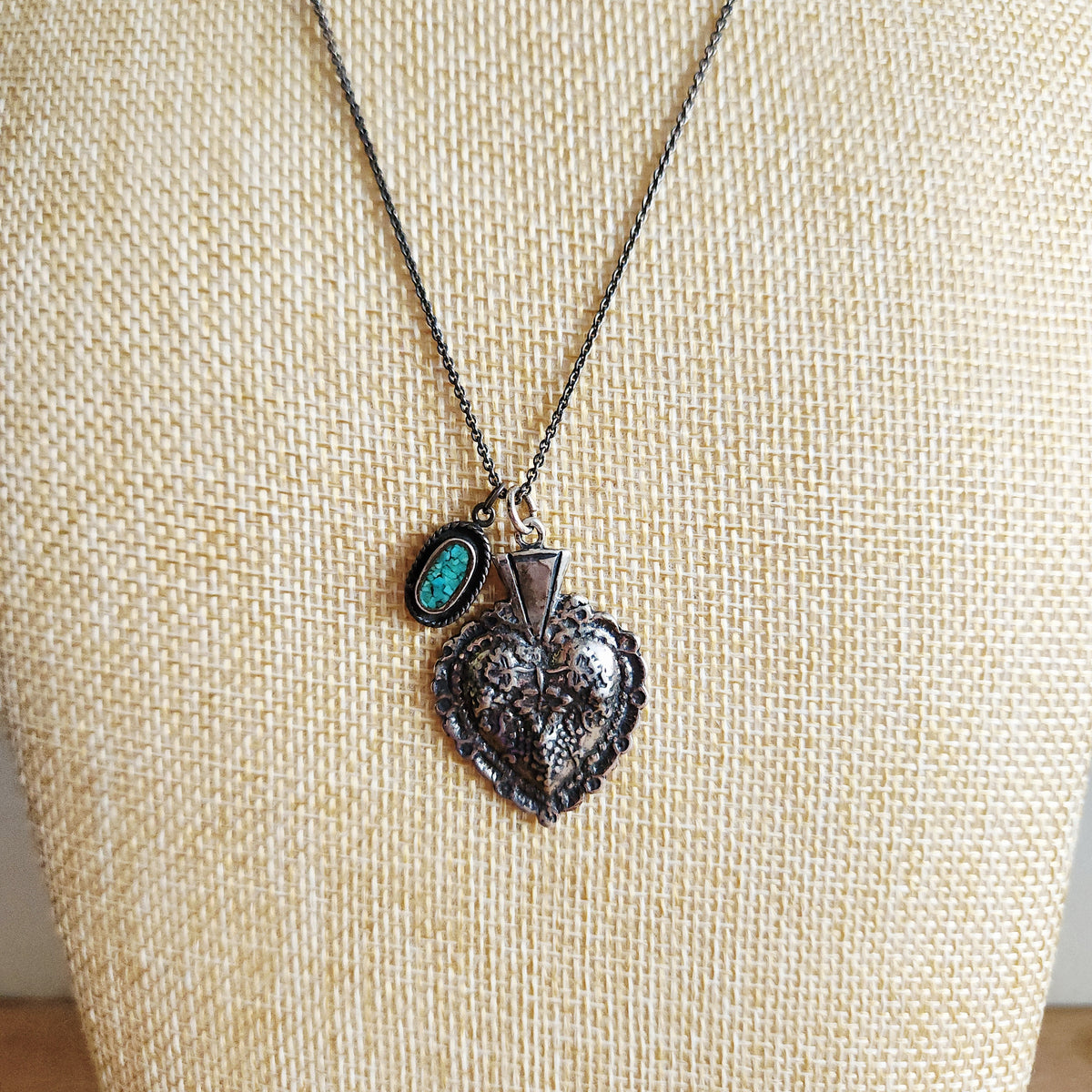 Sterling Silver Chain with Heart Pendant & Inlay Accent Charm