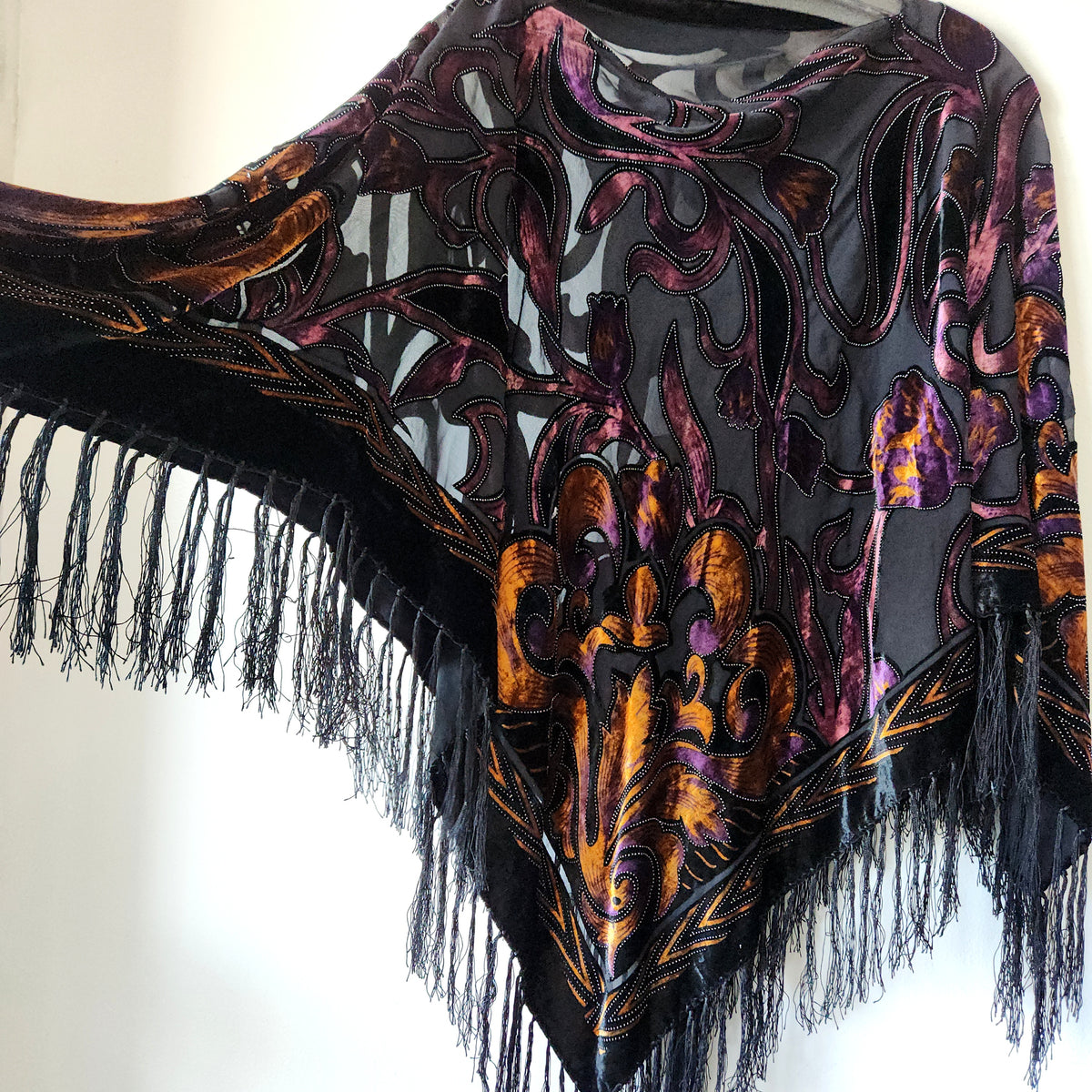 Velvet Burnout Poncho Top with Fringe - One Size