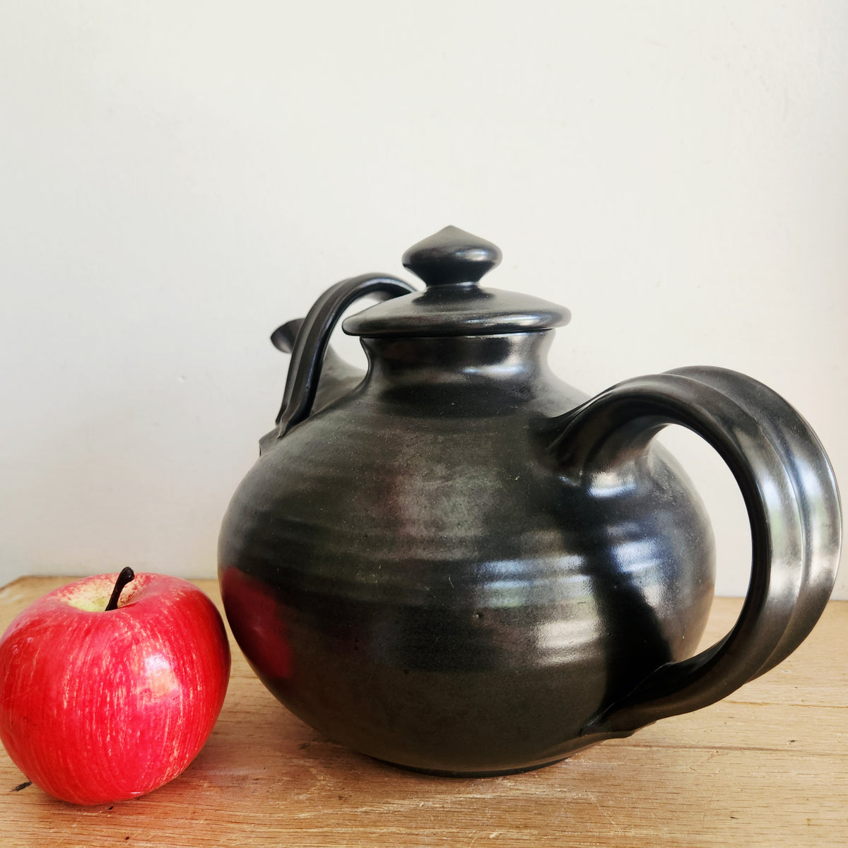 Glazed Stoneware Teapot Black Double Handled Large Size