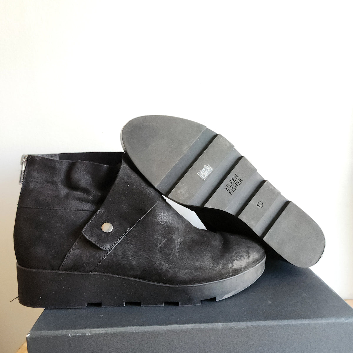 Eileen Fisher Black Suede Ankle Boots with Wedge Heel - size 11