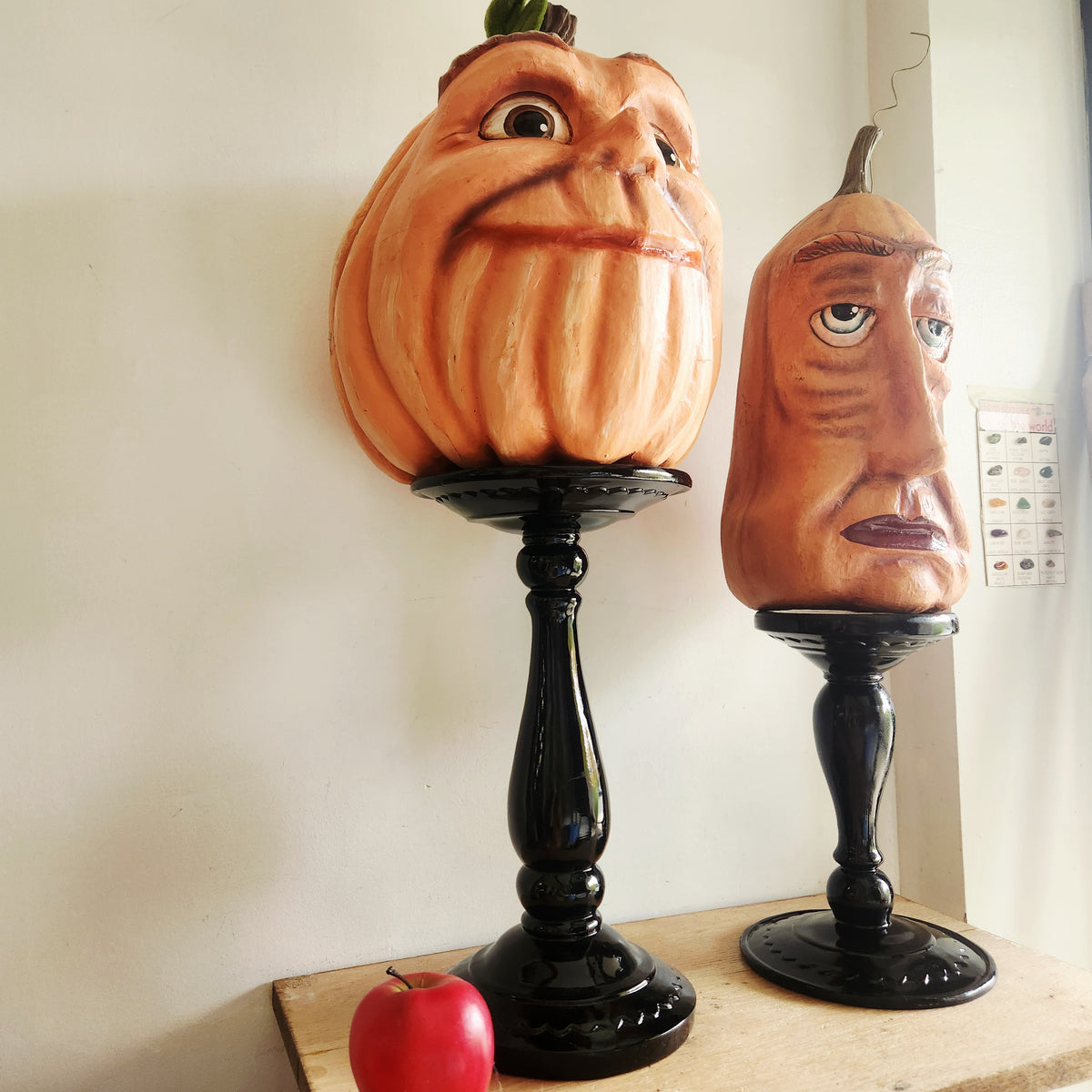 Handpainted Resin Pumpkin Figurines on Black Stands Set of 2
