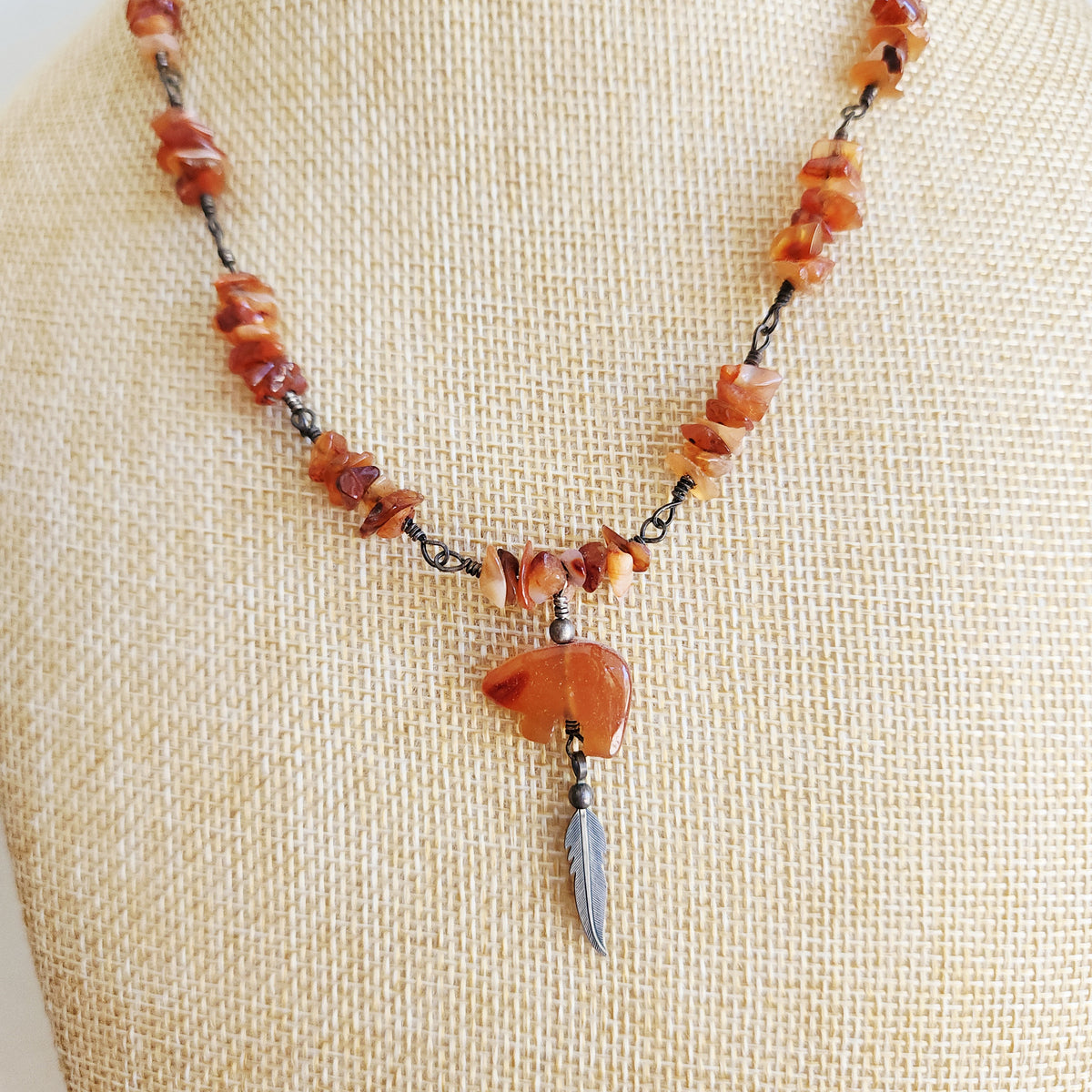 Carved Stone Bear Necklace with Sterling Silver Clasp