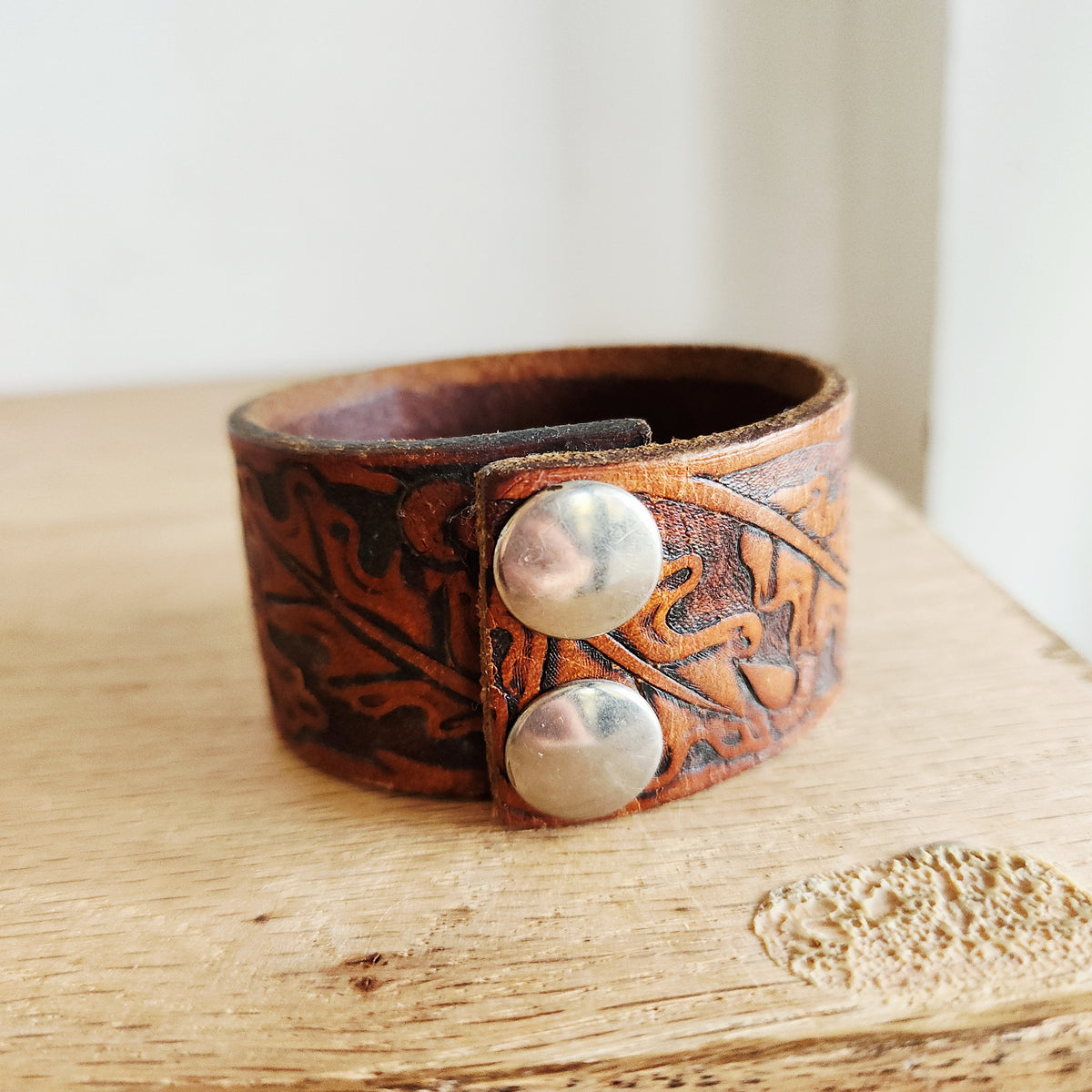 Vintage Tooled Leather Cuff Bracelet with Leaf Motif