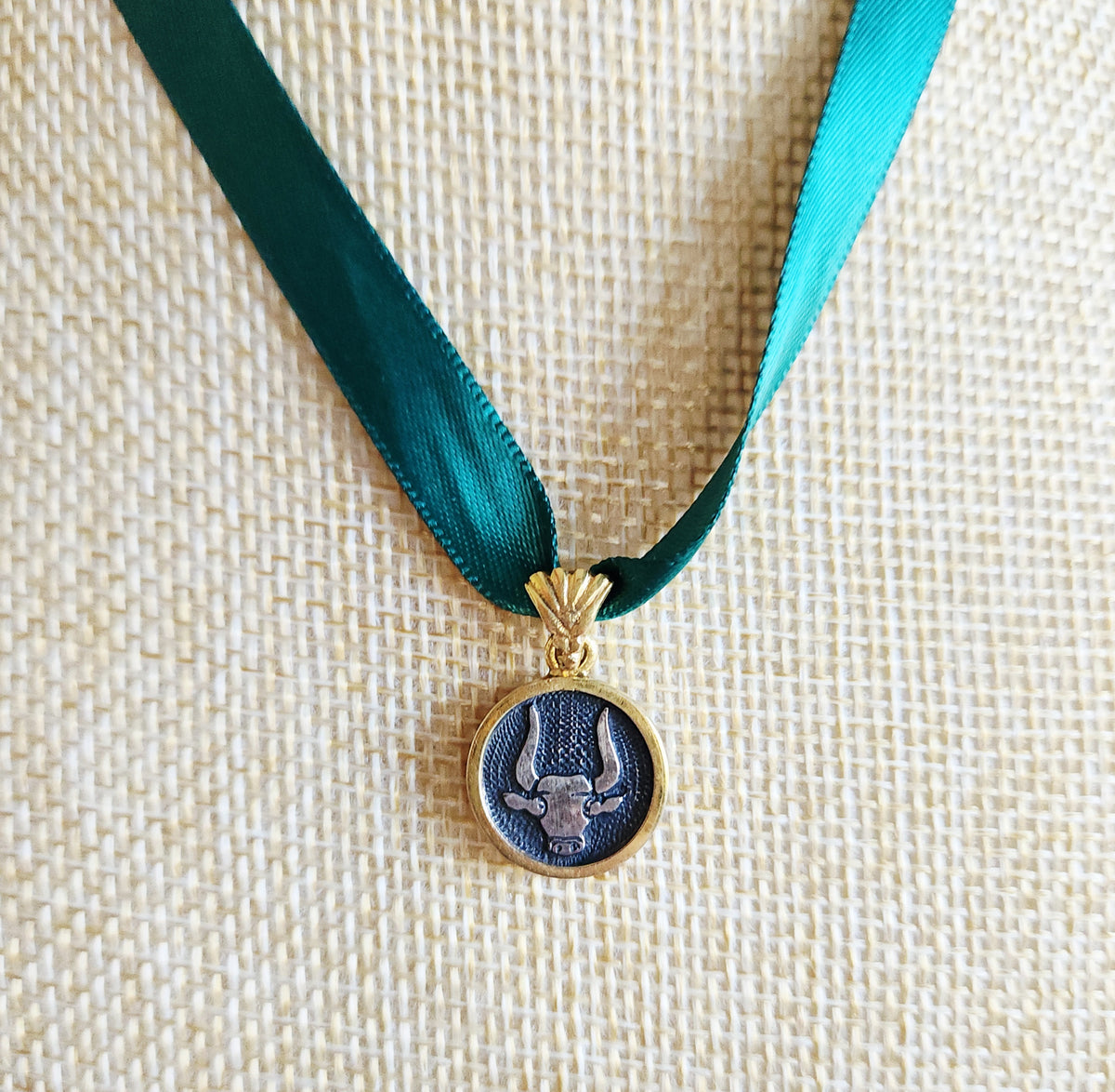 Sterling Silver Bull Charm with Ribbon Necklace