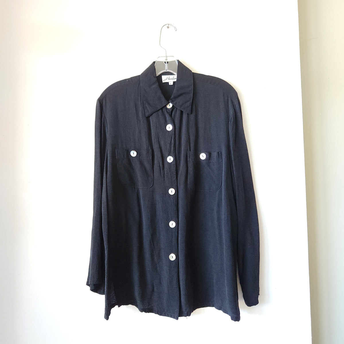 Harlow Black Button Up Shirt with Shell Buttons - L