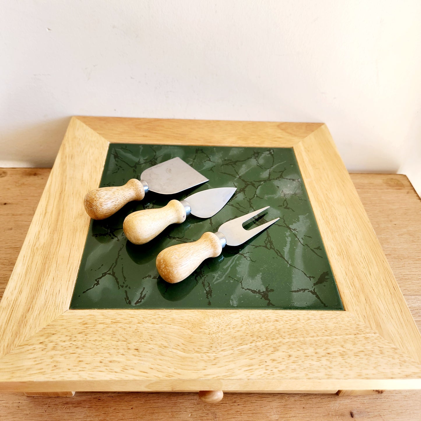 Vintage Wood and Tile Cutting Board with Utensils