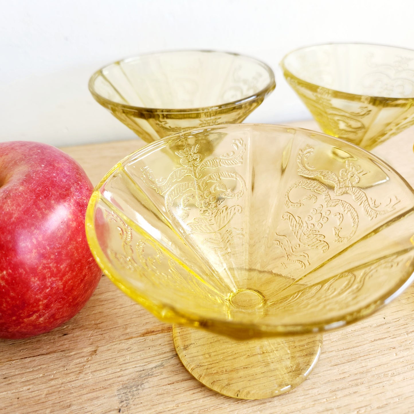 Vintage Golden Yellow Depression Glass Footed Dessert Bowls Set of 4