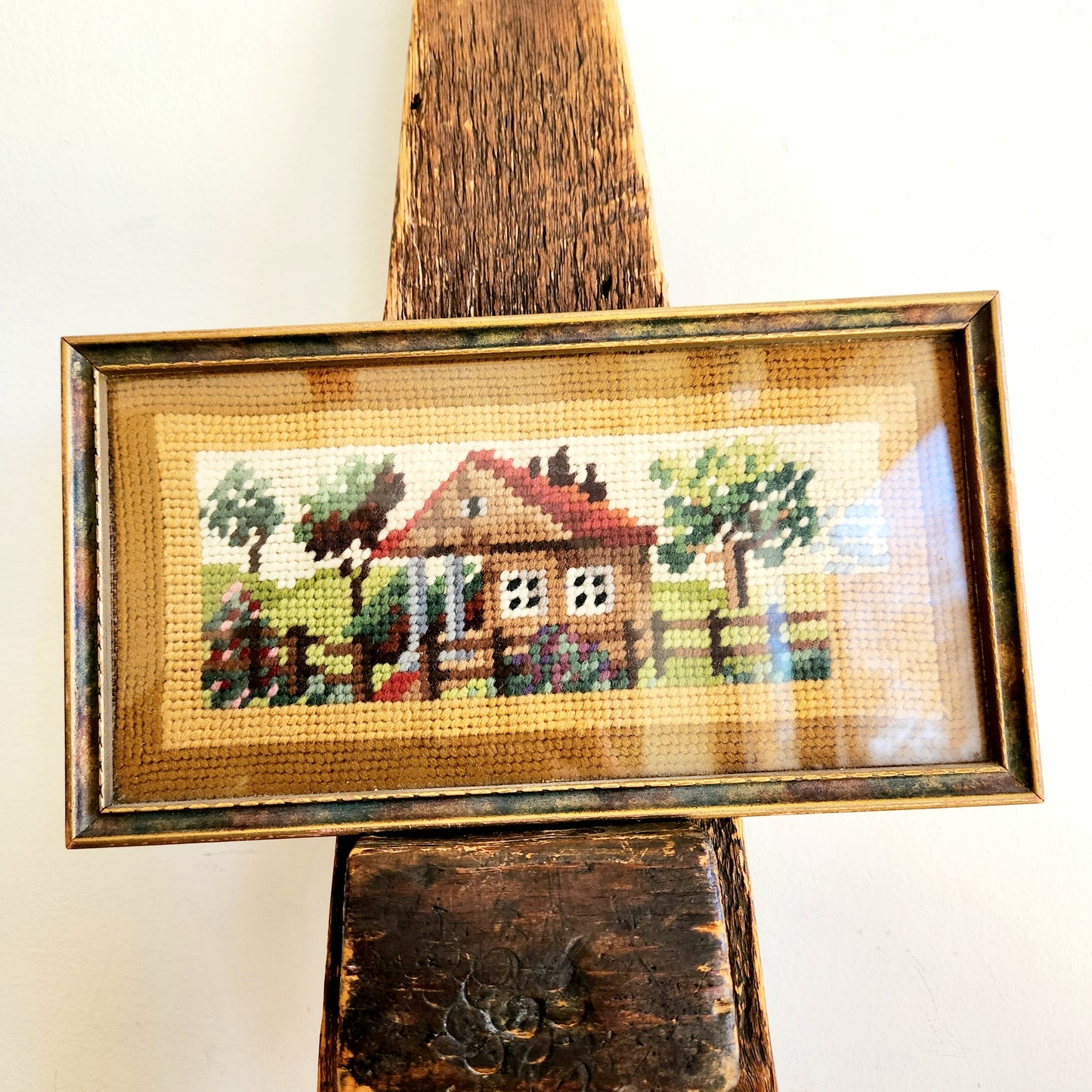 Vintage 6" x 10" Needlepoint House on a Hill