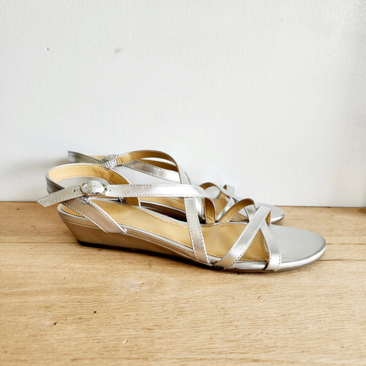 Talbots Silver Leather Strappy Mini Wedge Sandals - size 8M