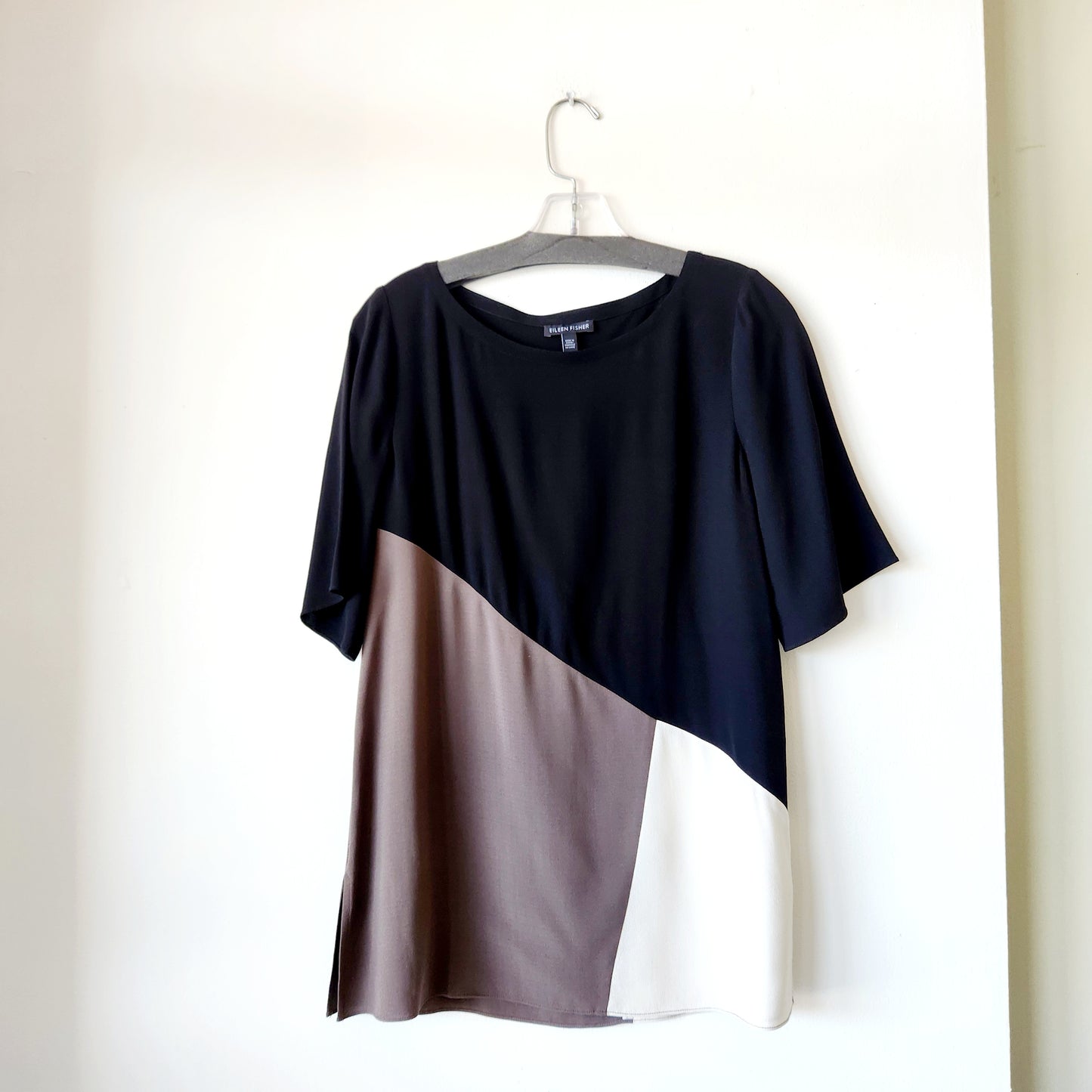Eileen Fisher 100% Silk Colorblock Top with Side Slits - XS