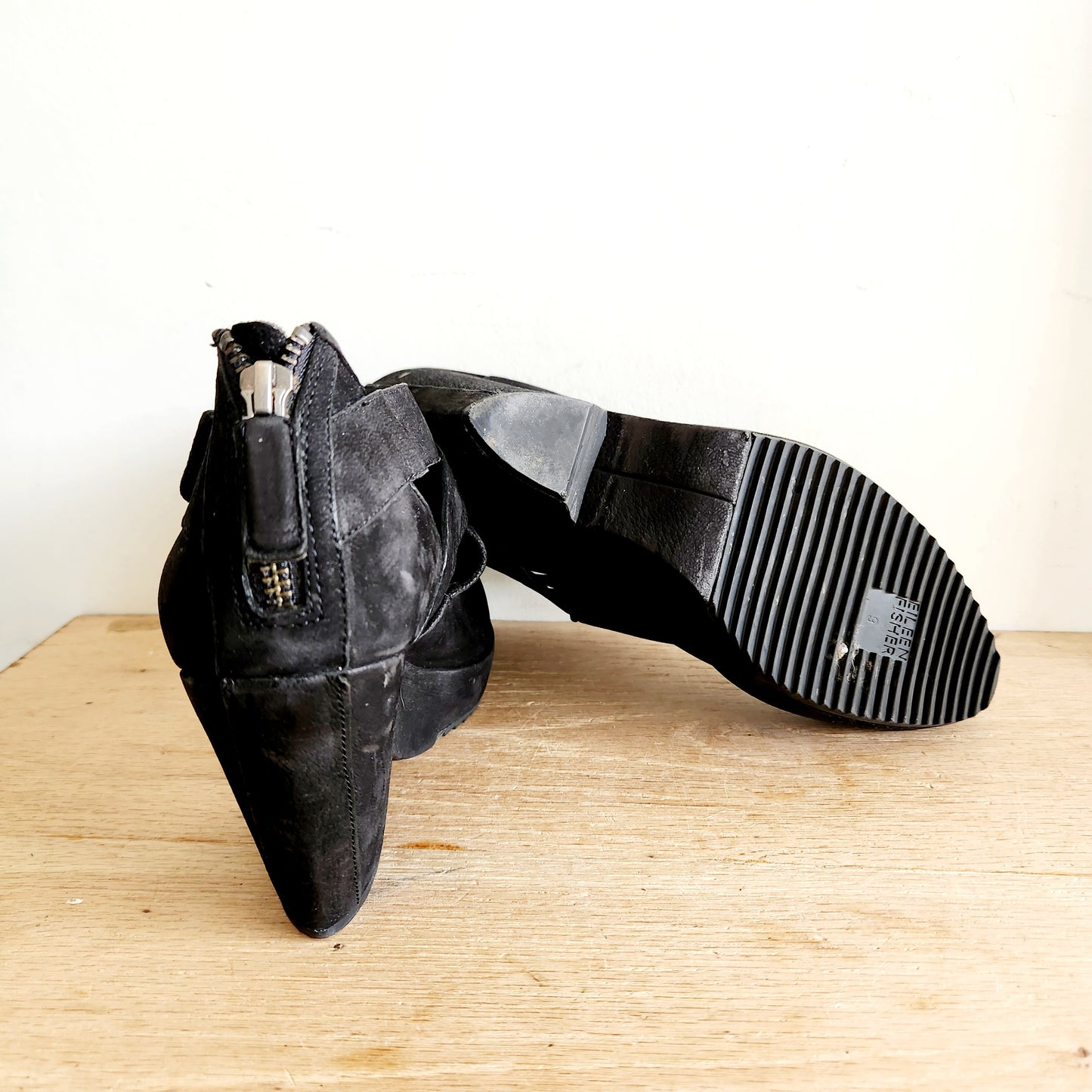 Eileen Fisher Black Suede Wedge Ankle Booties - size 9