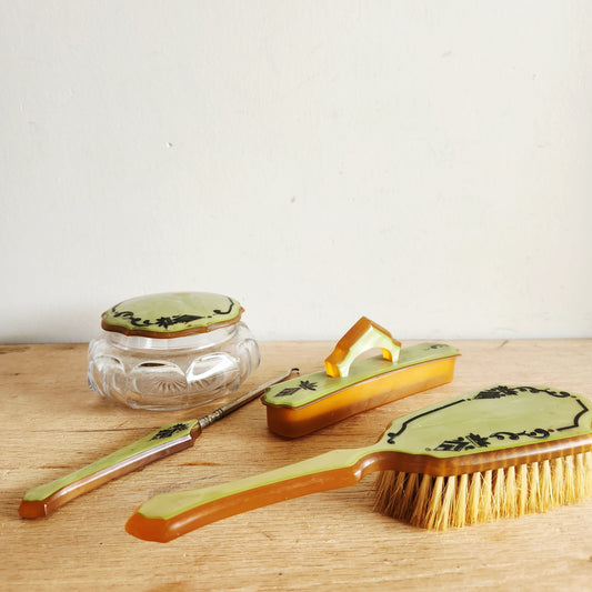 Vintage Vanity Green Celluloid Set of 4
