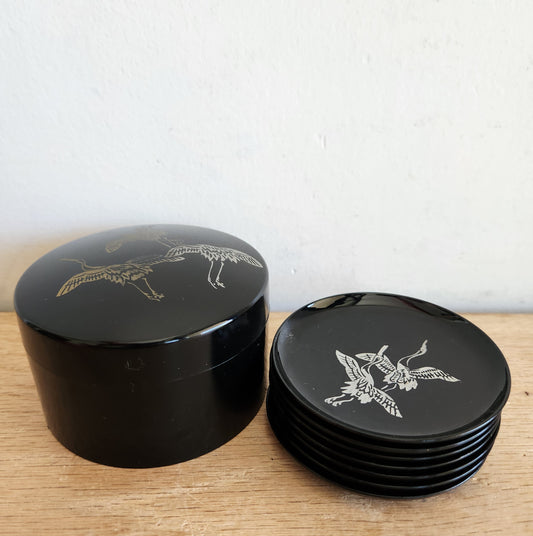 Vintage Lacquered Coaster (7) Set Birds