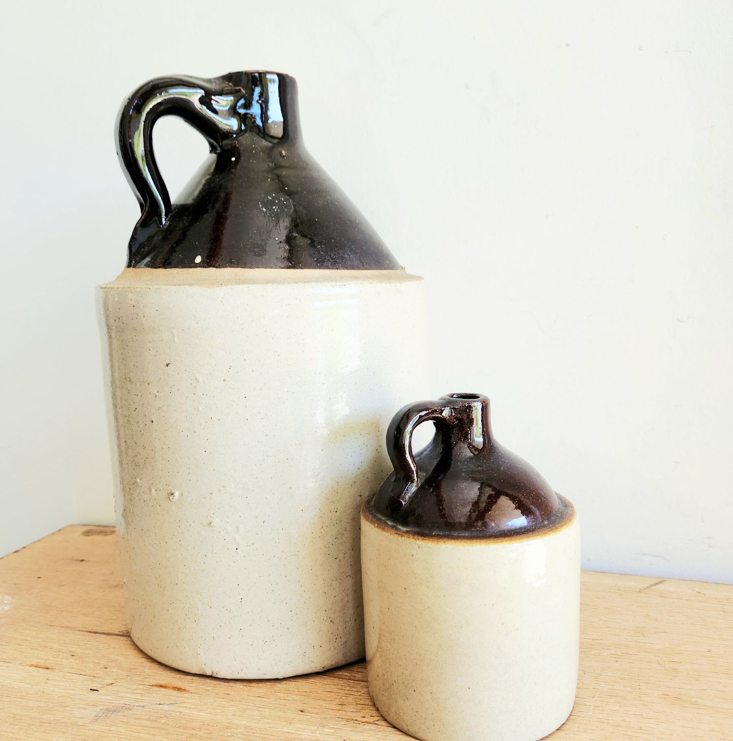 Antique Stoneware Jugs 7" and 14" Set of 2