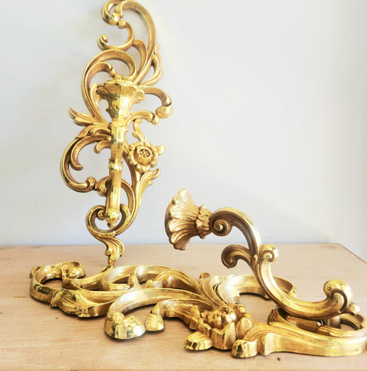 1970's Syroco Ornate Wall Sconce Candle Holders Set Of 2 Gold Toned Floral Plastic 15"